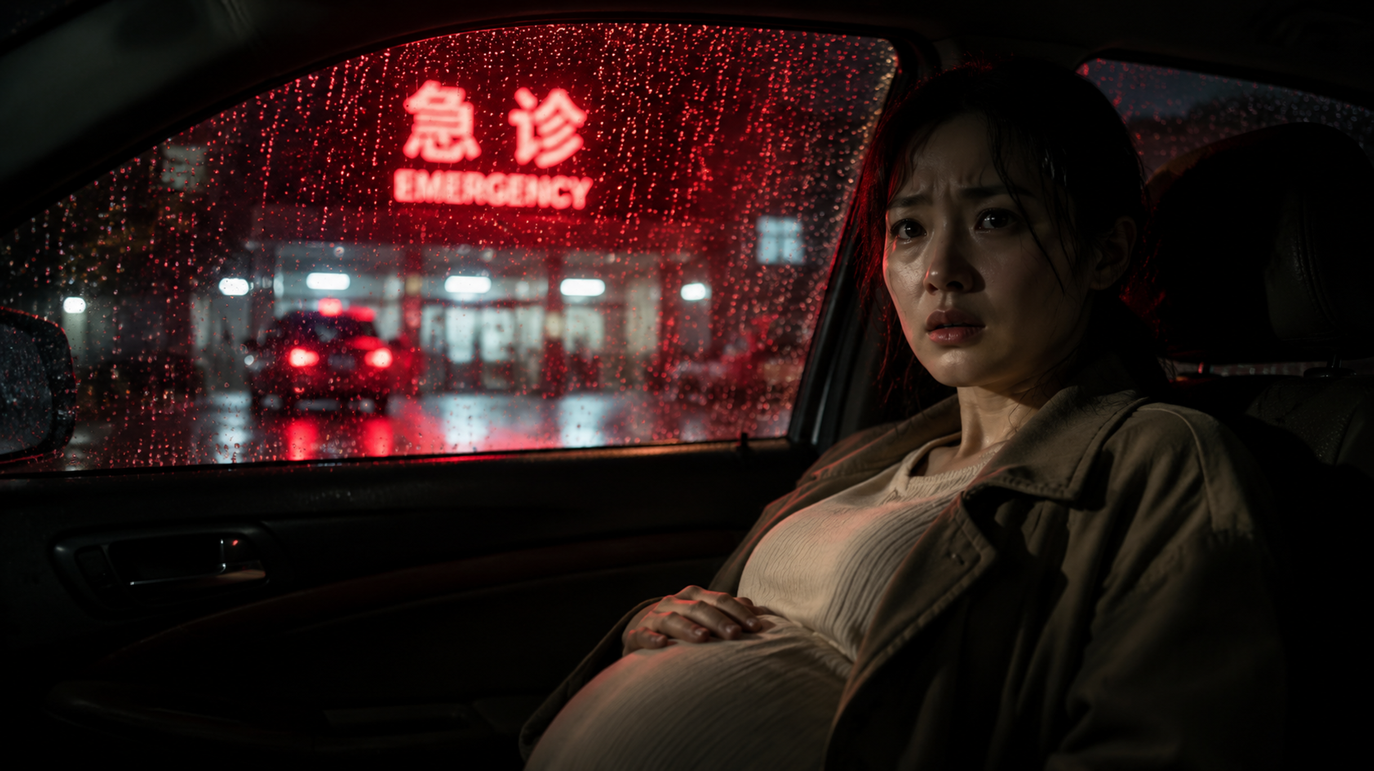 Cinematic shot, looking out from inside a car wind