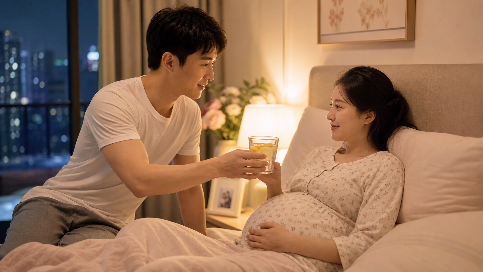 A heartwarming indoor scene of a young Chinese hus