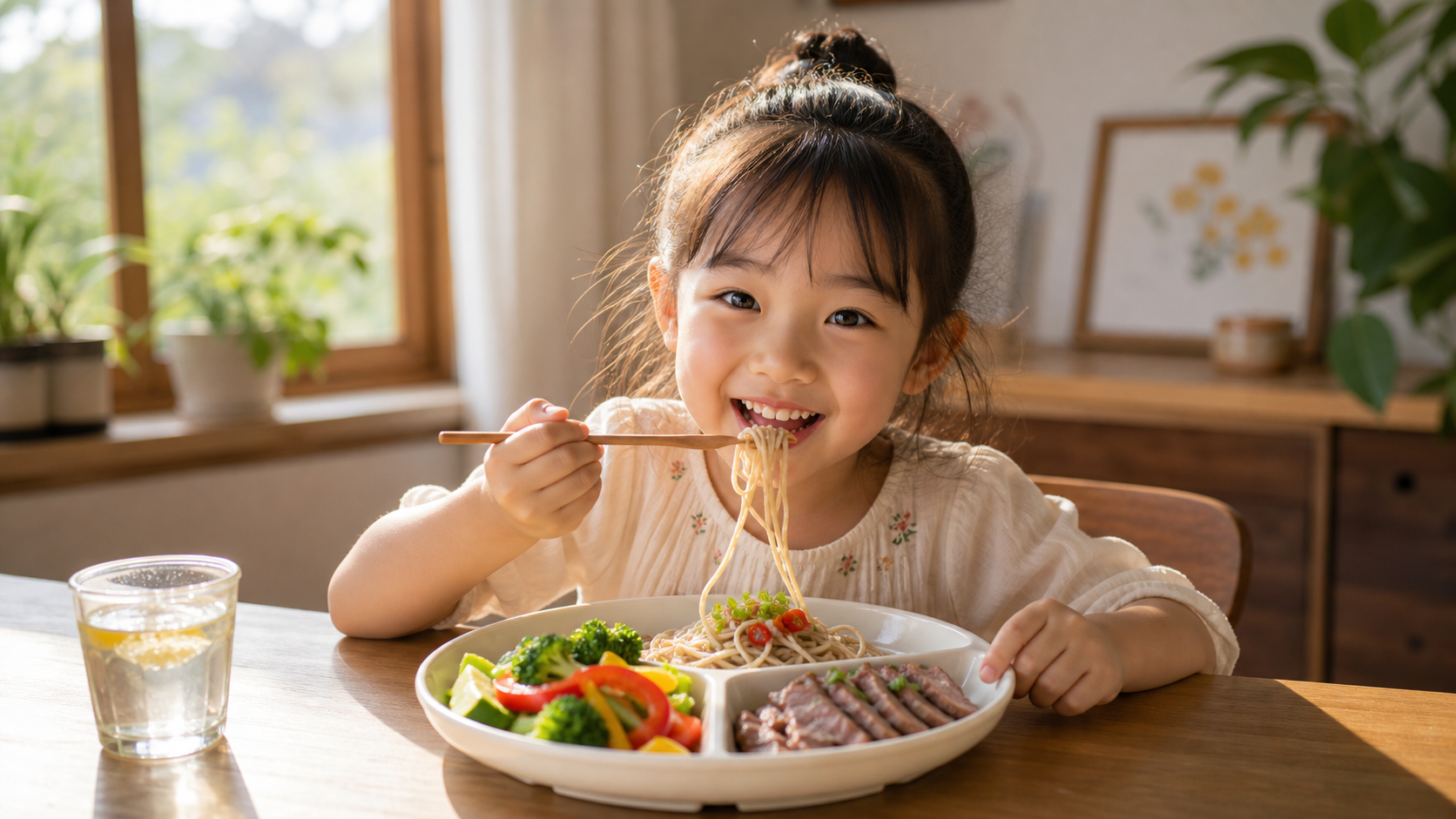 A cute 5-year-old Chinese child happily eating fro
