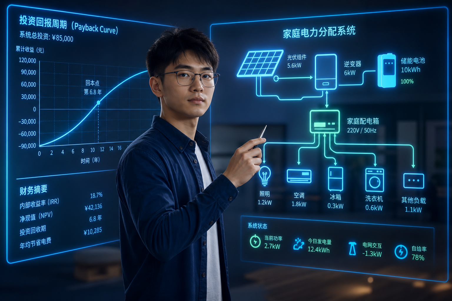 A young Chinese tech geek standing in front of a h