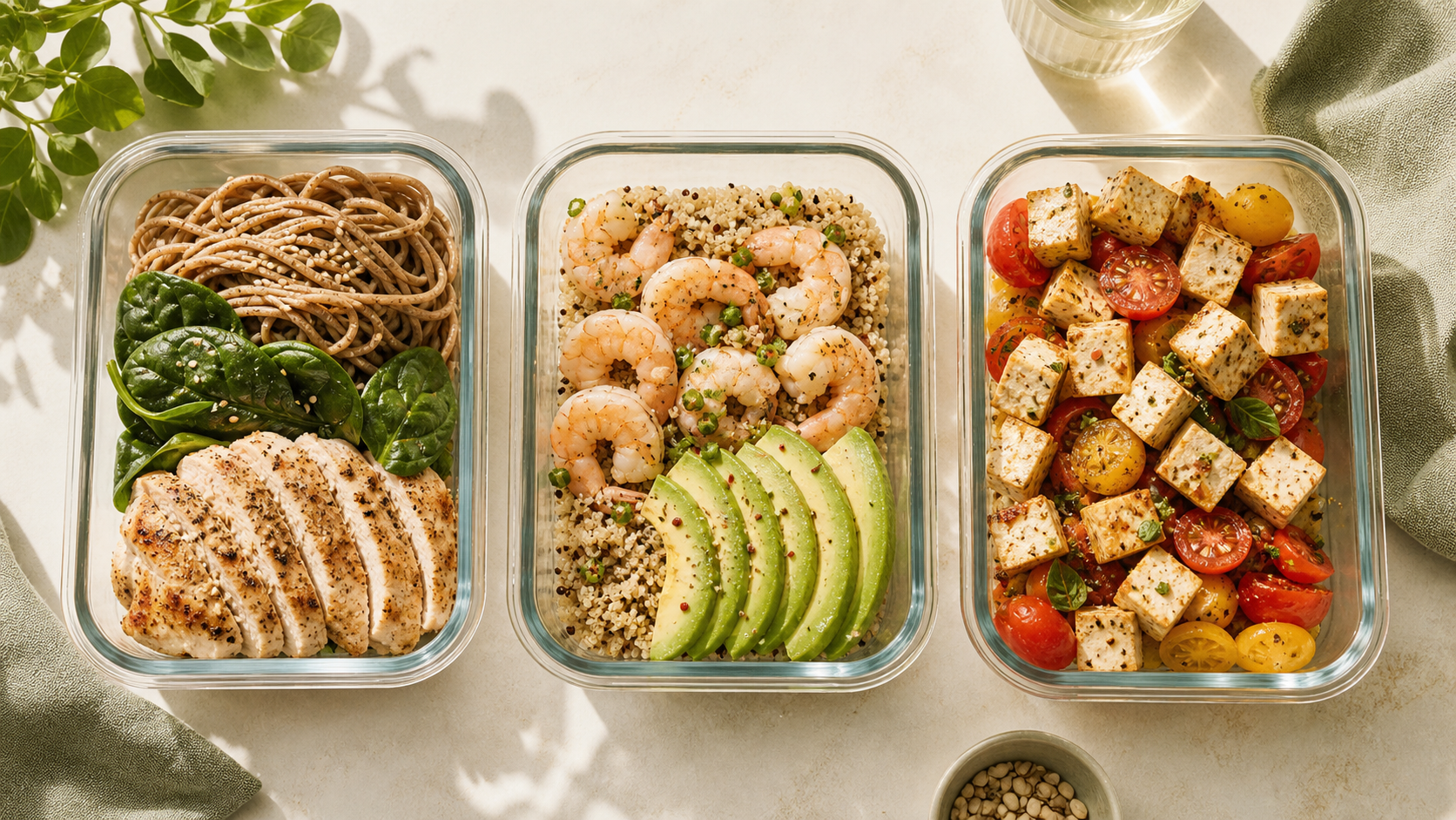 A flatlay top-down view of three healthy summer li