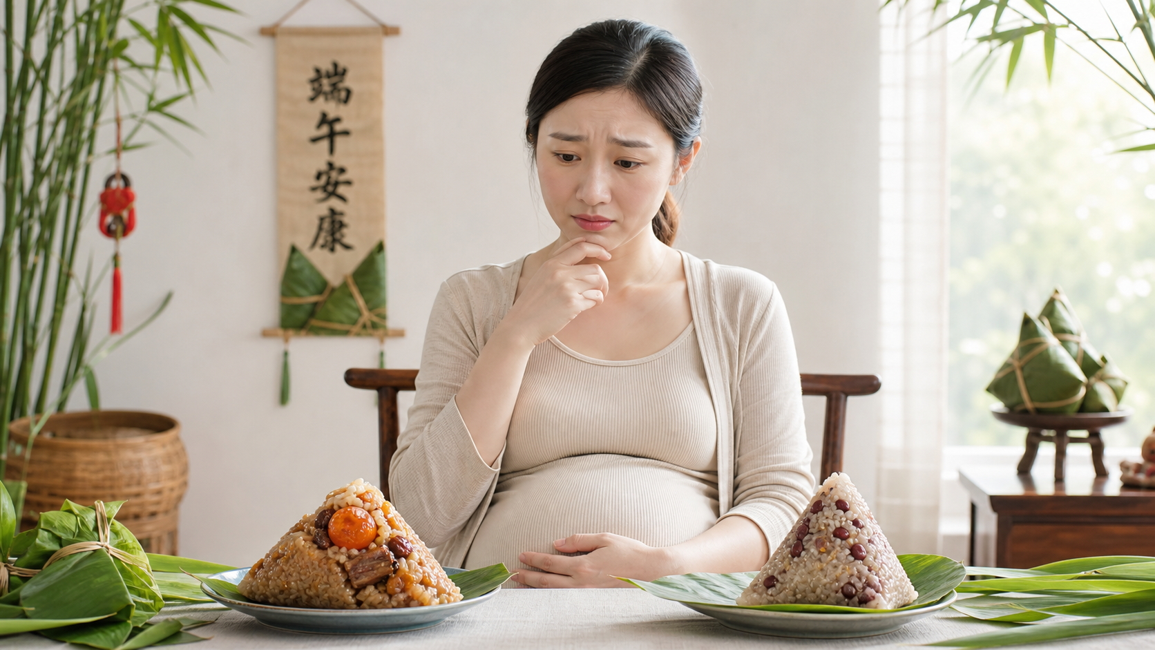 中国孕妇坐在餐桌前，面露难色，桌上一边是油腻的咸蛋黄肉粽，另一边是清爽的红豆杂粮粽，端午节背景，竹叶