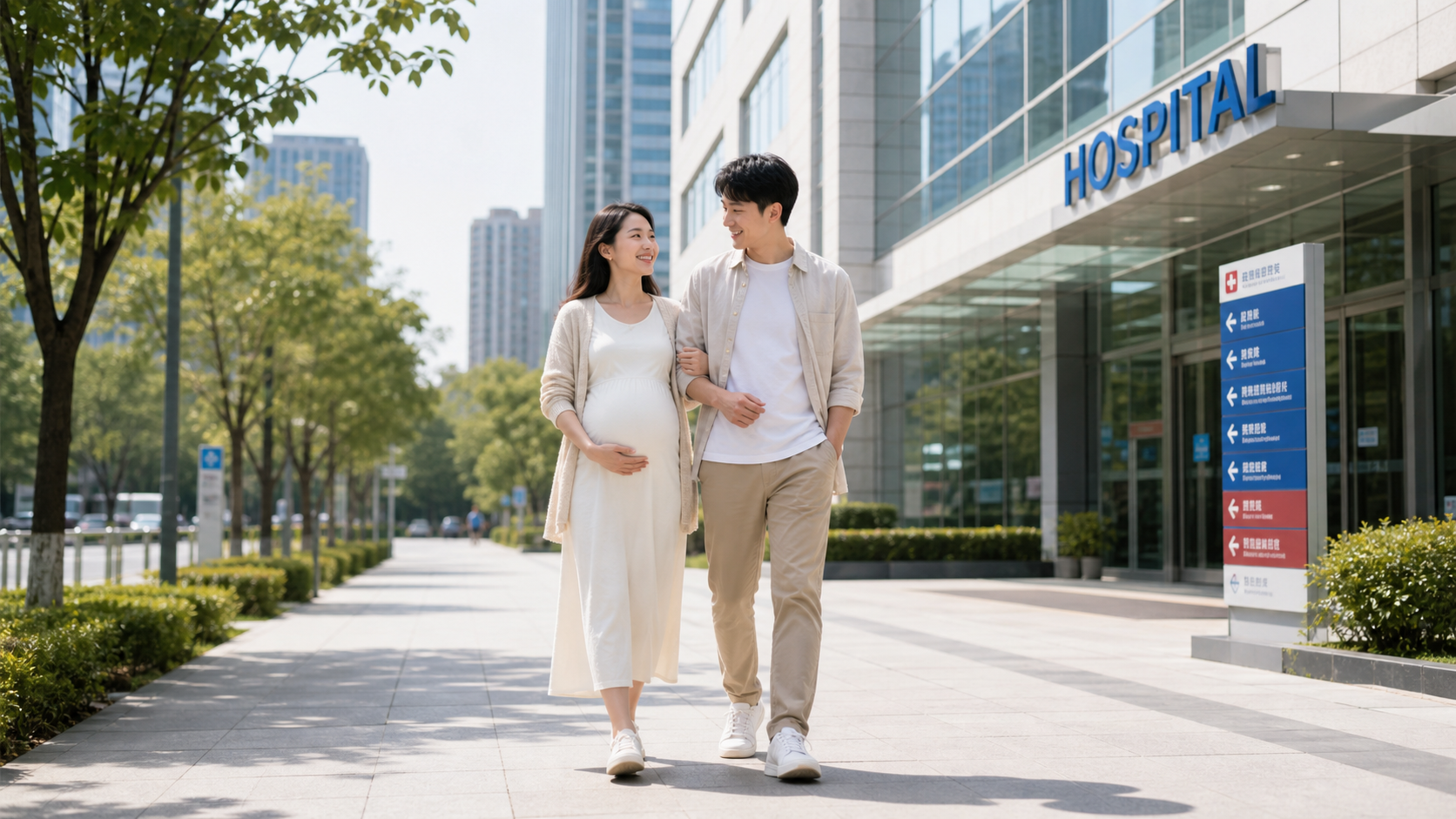 A full body shot of a smiling Chinese pregnant wom