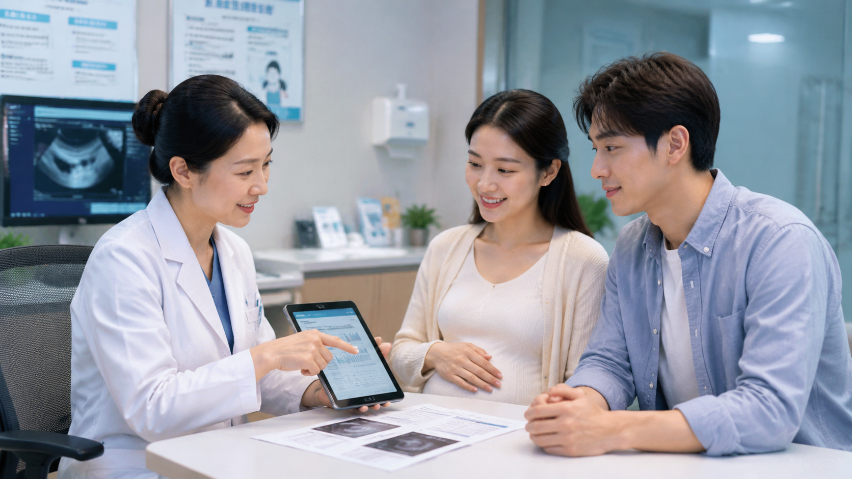 A professional Chinese obstetrician in a white coa