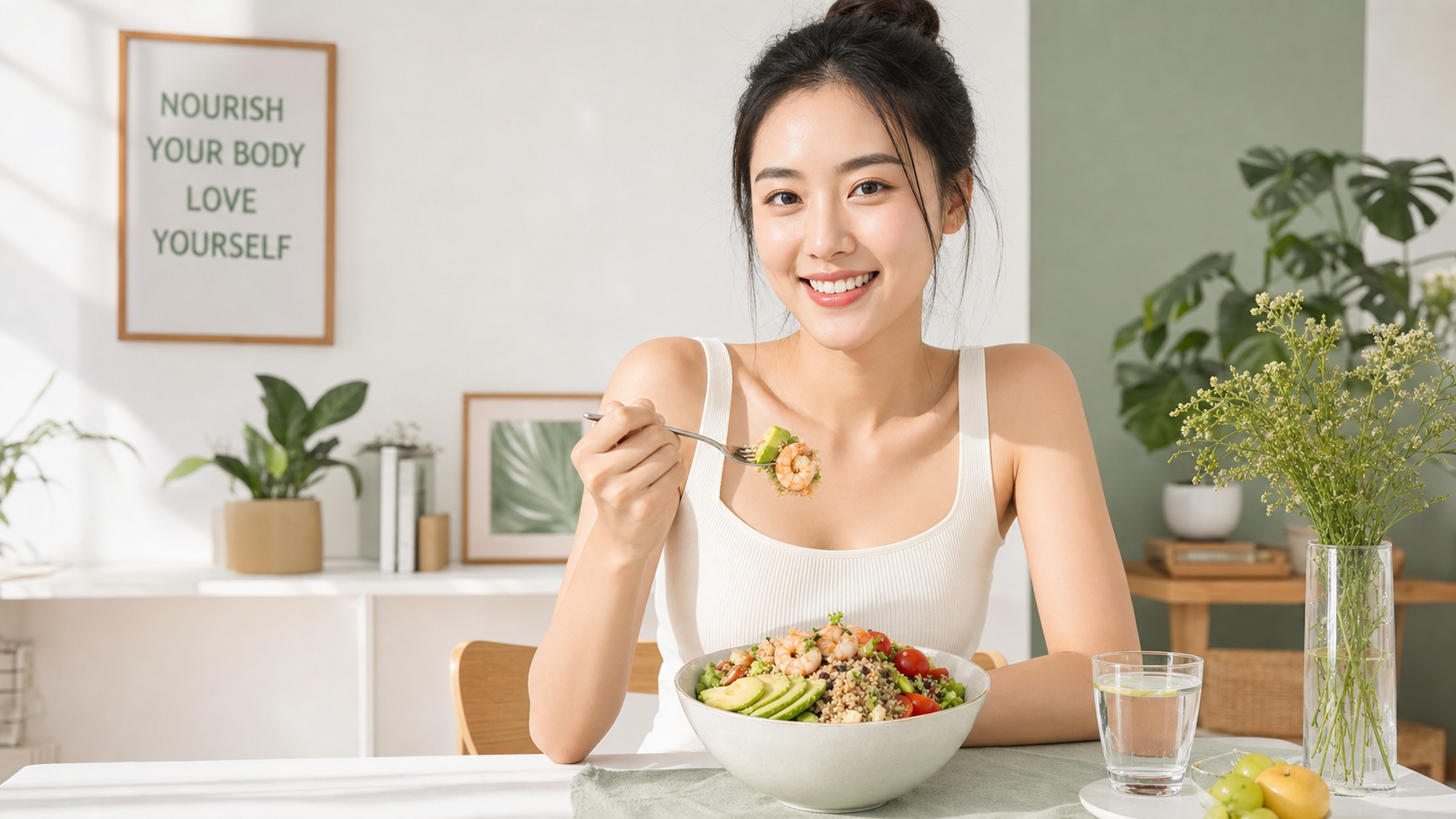 A beautiful young Chinese woman sitting at a brigh