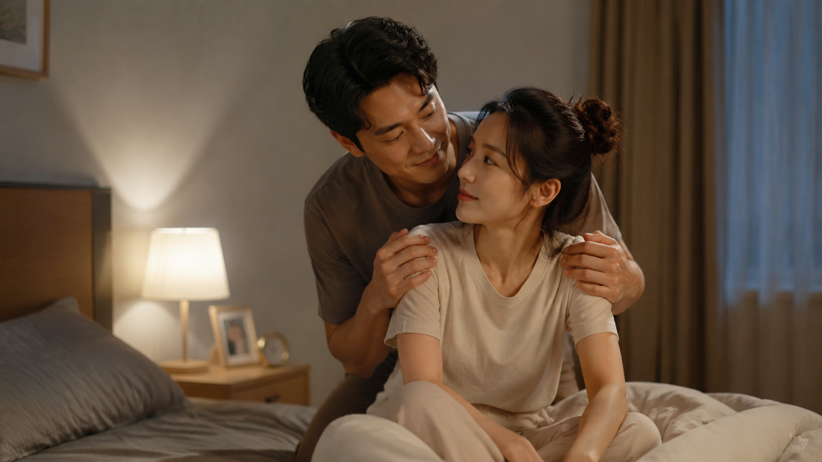 A heartwarming scene in a softly lit bedroom, a Ch