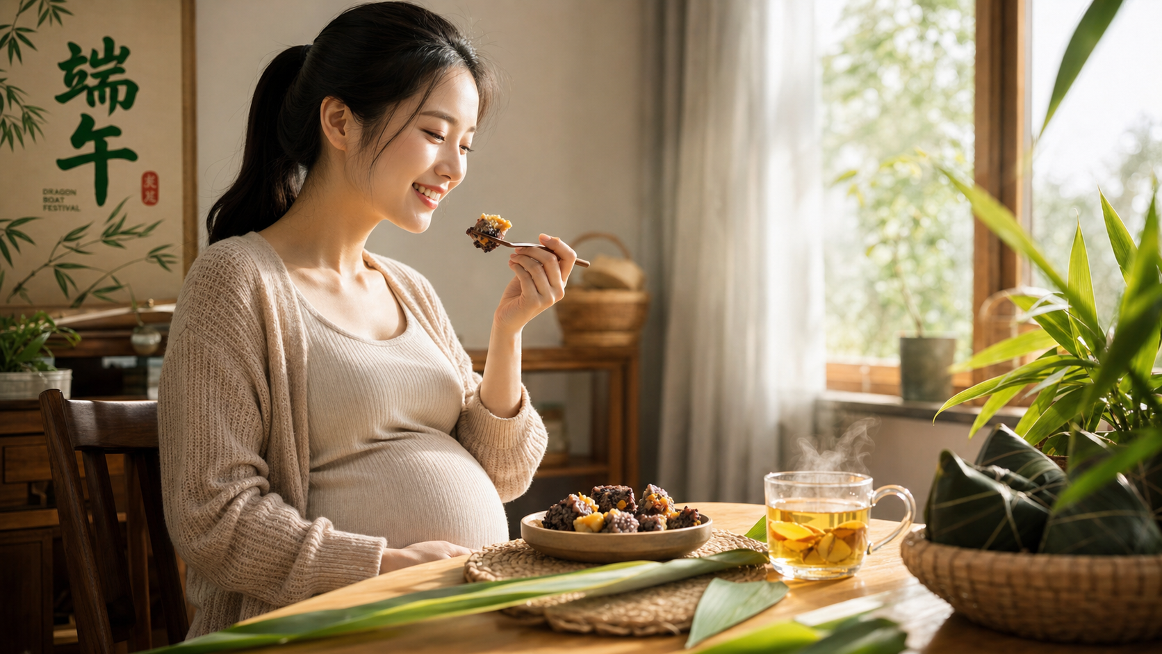 温馨的居家餐厅，一位美丽的中国孕妇正在开心地吃着切成小块的杂粮粽子，旁边放着一杯冒着热气的姜茶，端午