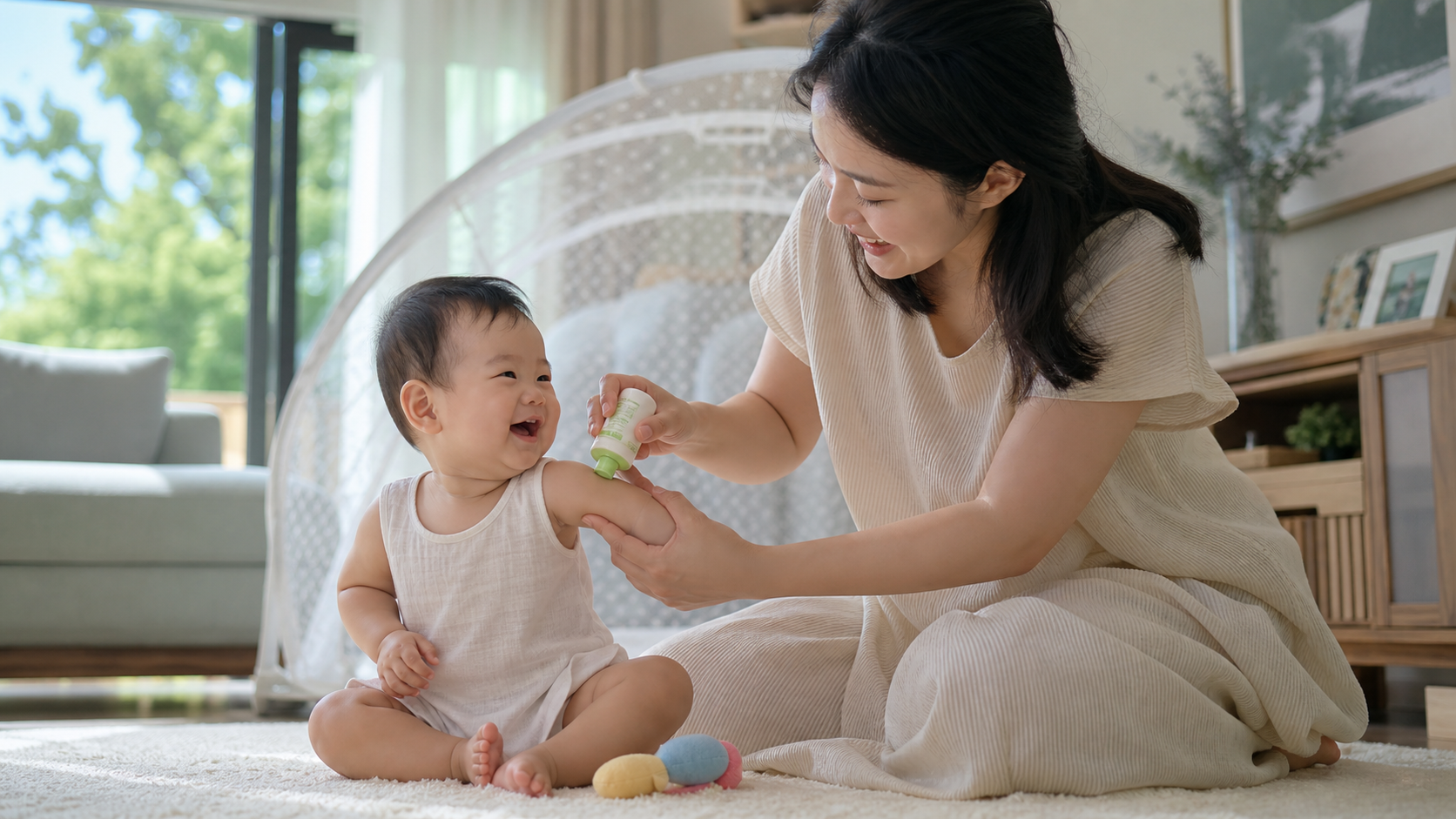 A young Chinese mother gently applying safe mosqui