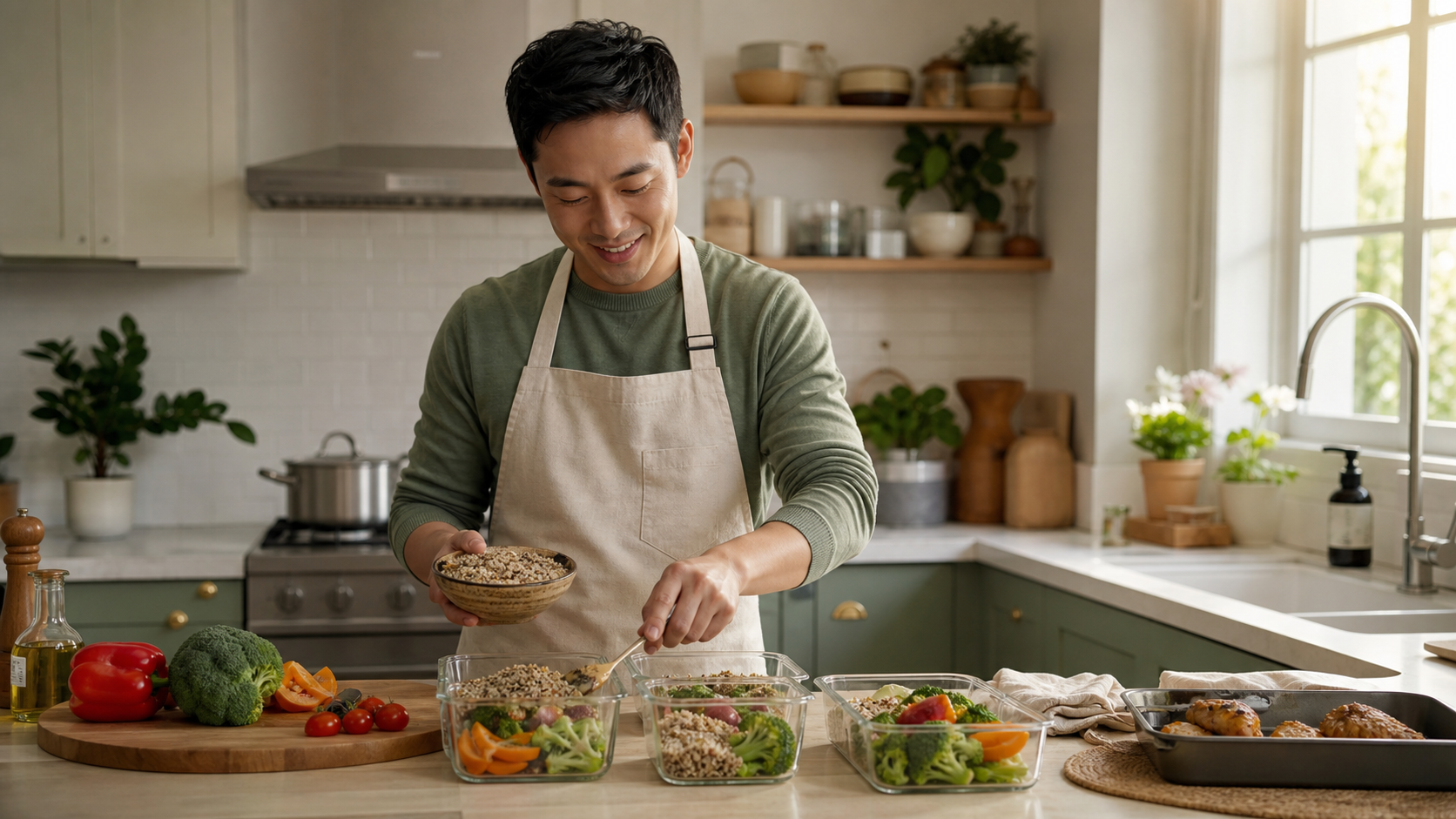 A loving young Chinese husband in a modern bright 