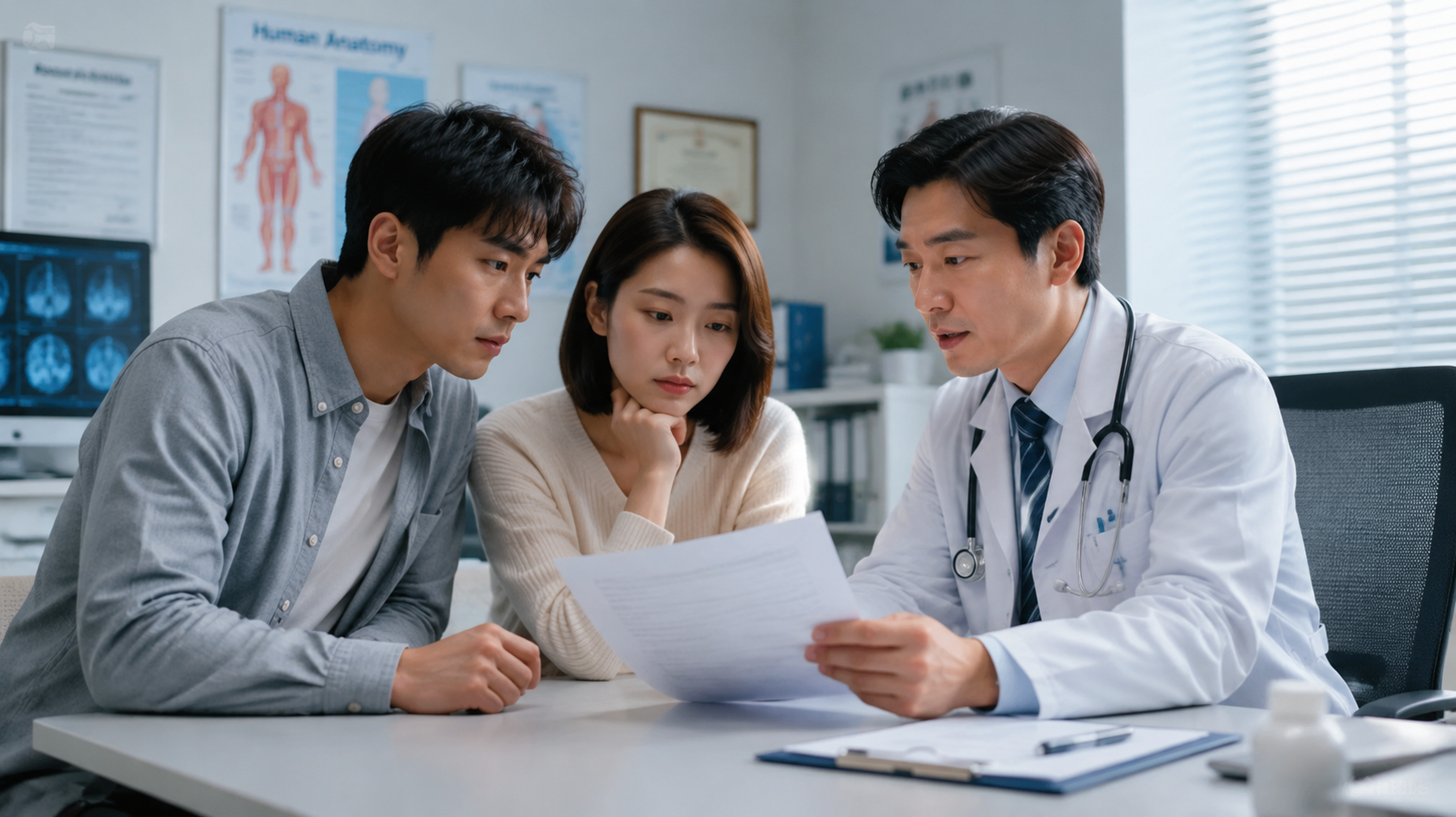A young Chinese couple sitting in a bright, modern