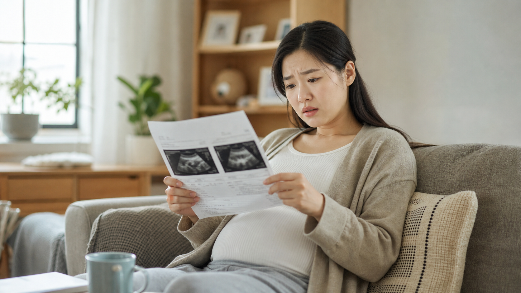 A young Chinese pregnant woman sitting on a cozy s