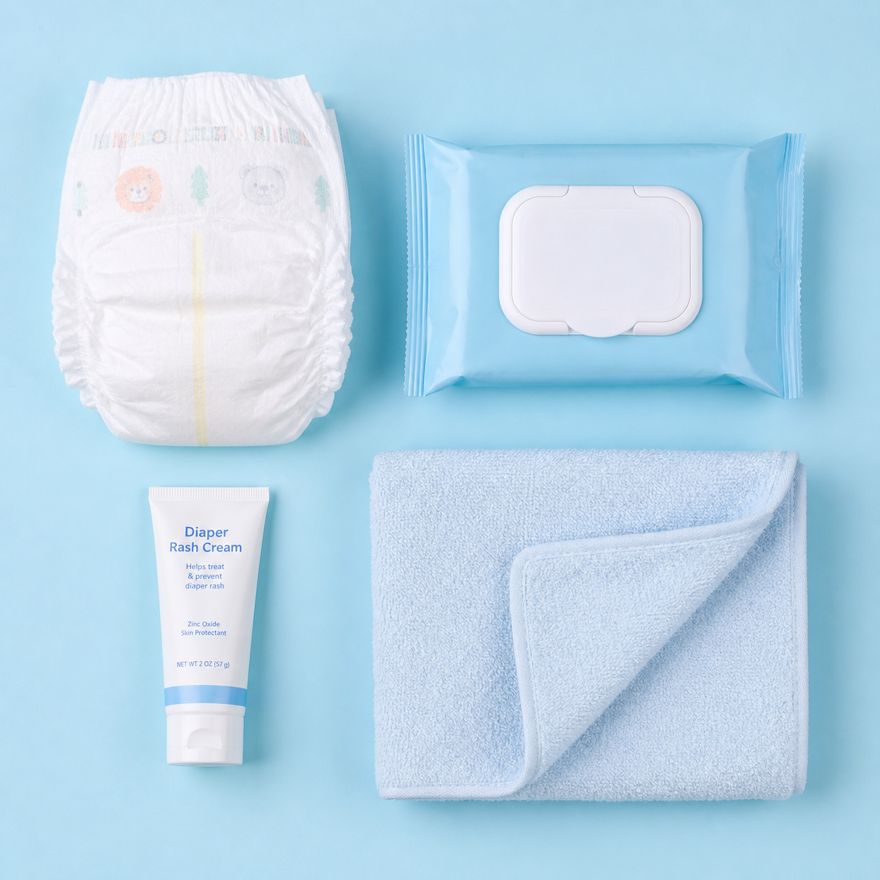 Flat lay photography of baby diaper changing essen