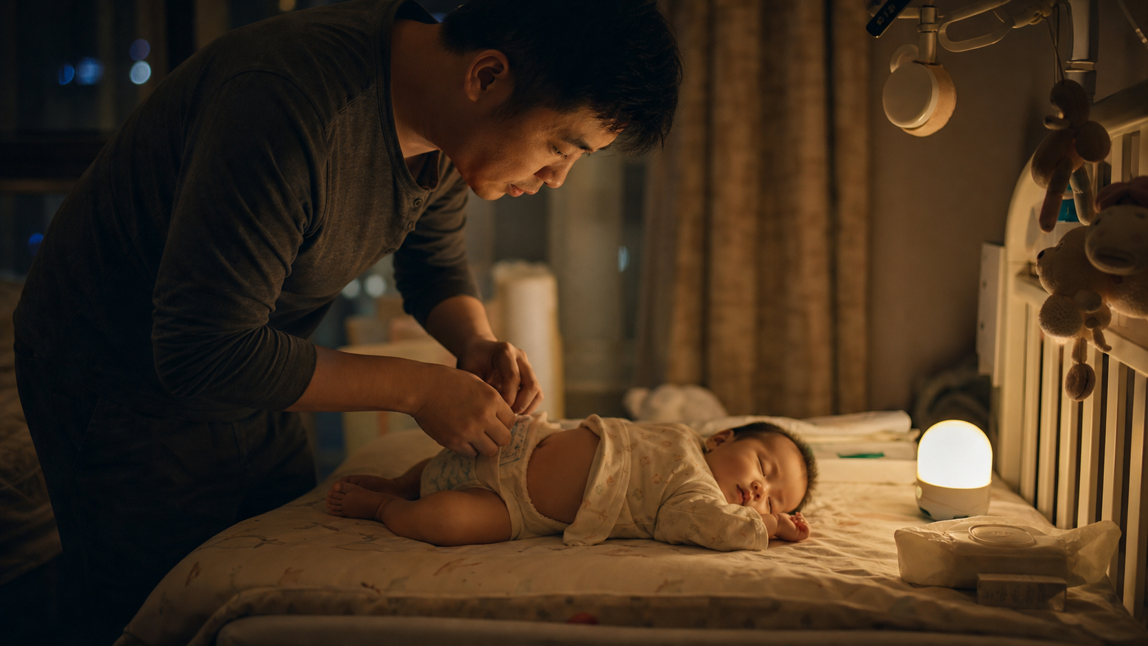 A caring Chinese father gently changing his sleepi