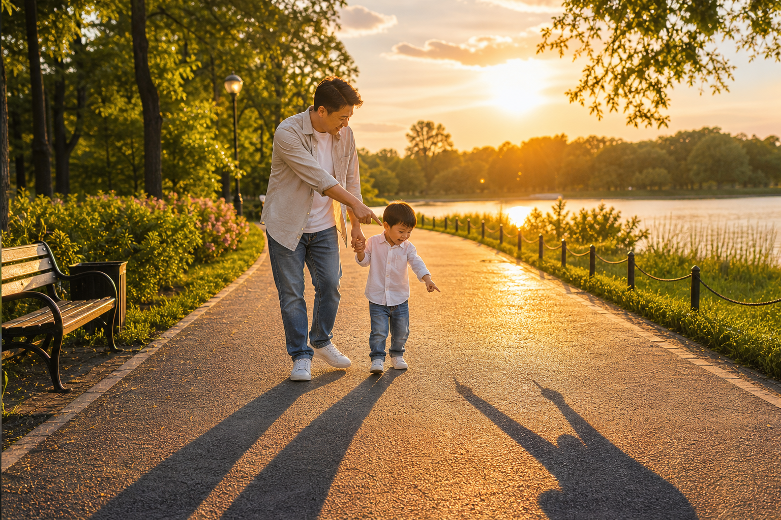 A Chinese father and his 5-year-old child walking 