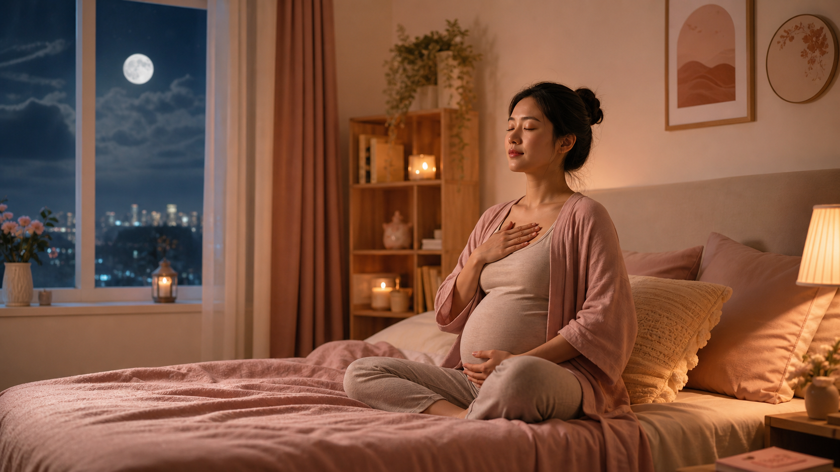 A serene Chinese pregnant woman practicing deep br