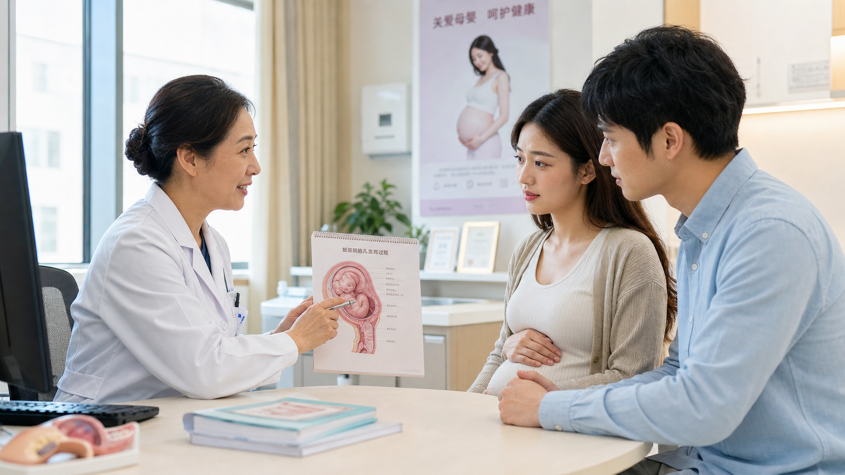 A caring Chinese female obstetrician wearing a whi