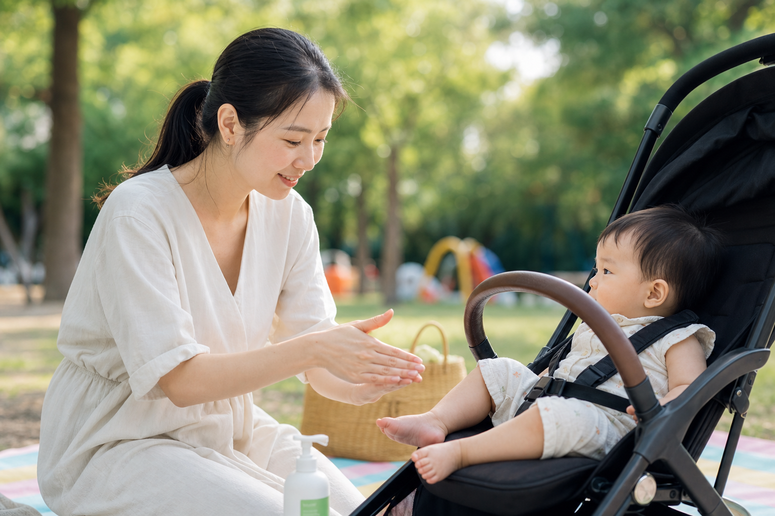 A gentle Chinese mother applying mosquito repellen