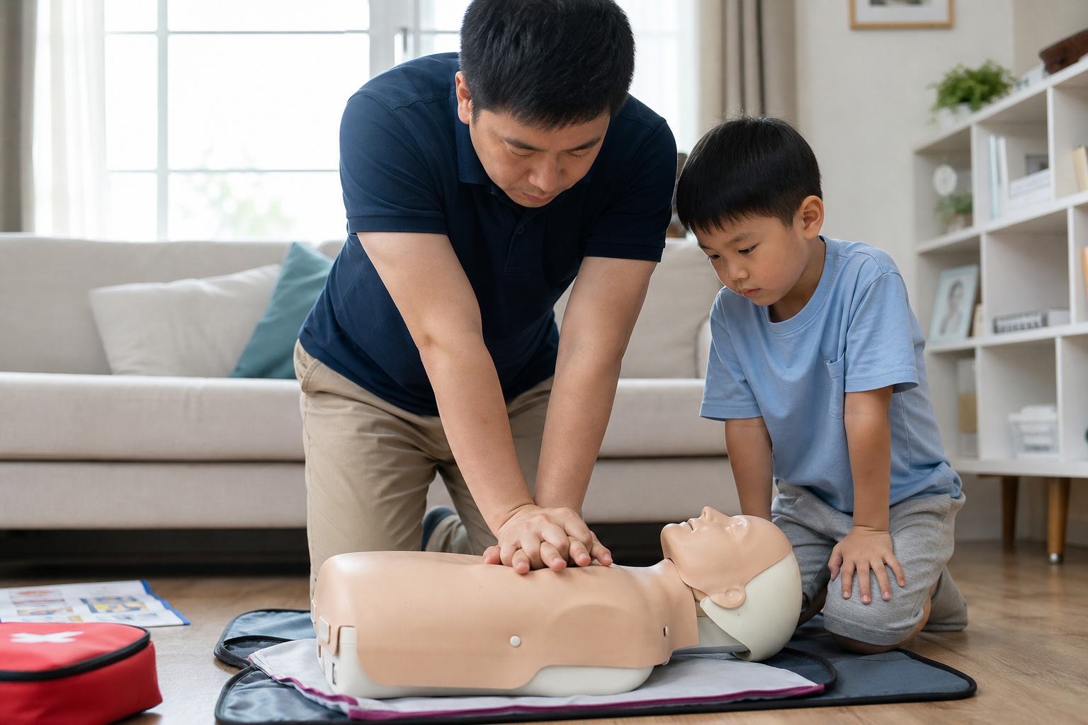A realistic photo of a Chinese father and his 5-ye