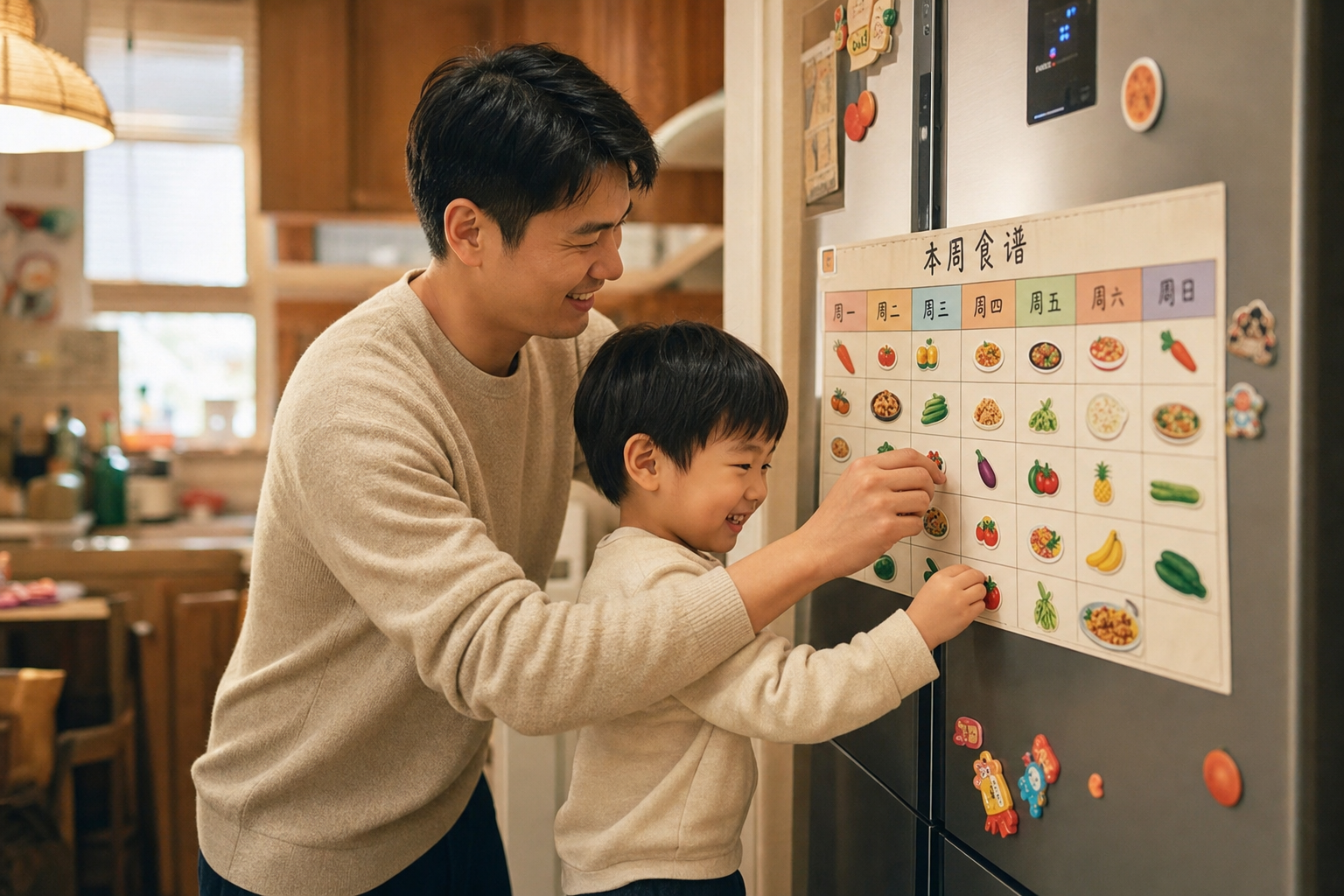 A warm indoor scene, a young Chinese father and hi