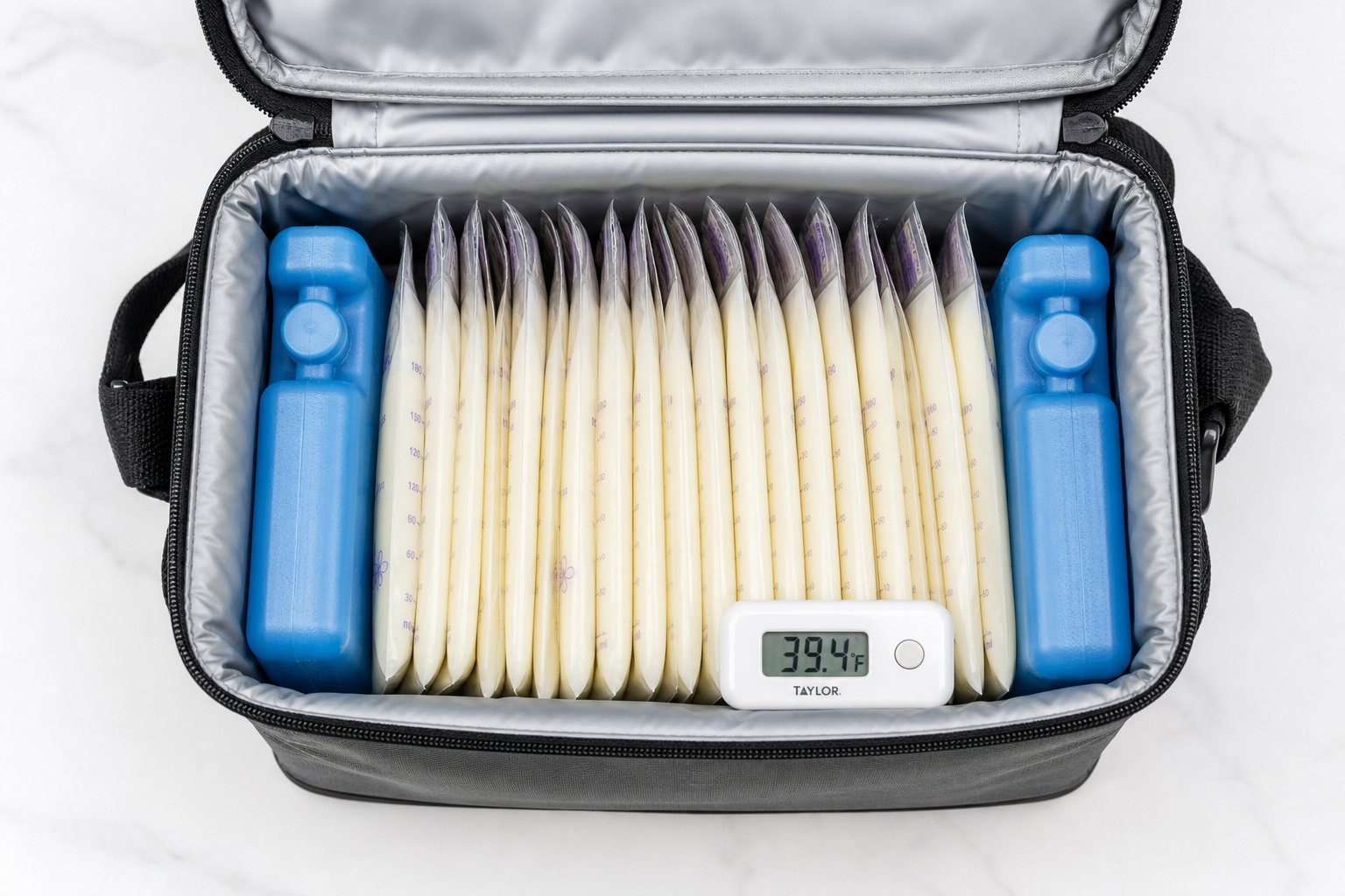 A top-down view of an open cooler bag, showing nea
