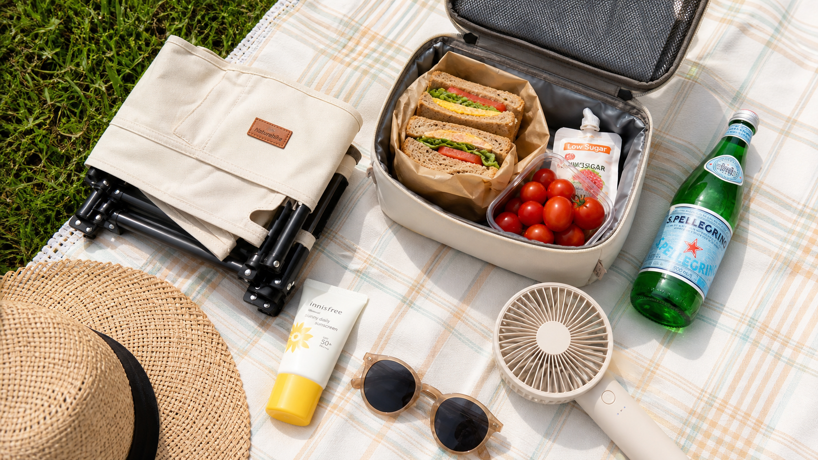 A flat lay of picnic gear on a light plaid picnic