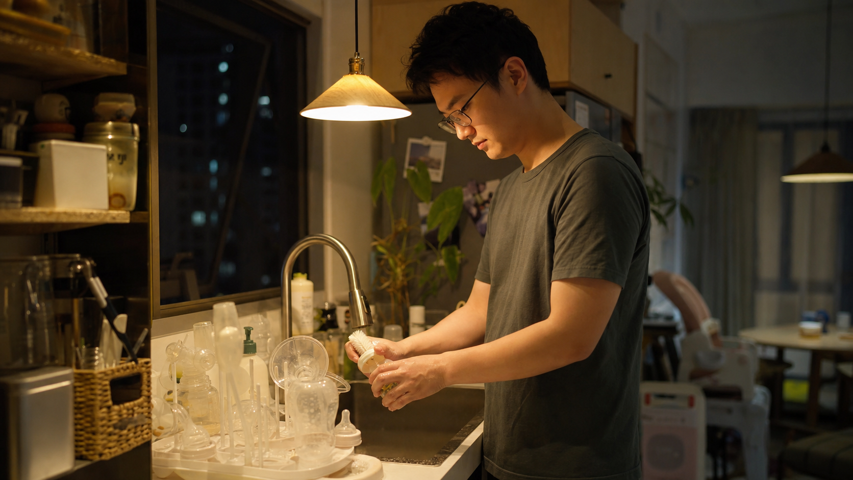 A Chinese young father standing in a cozy kitchen 