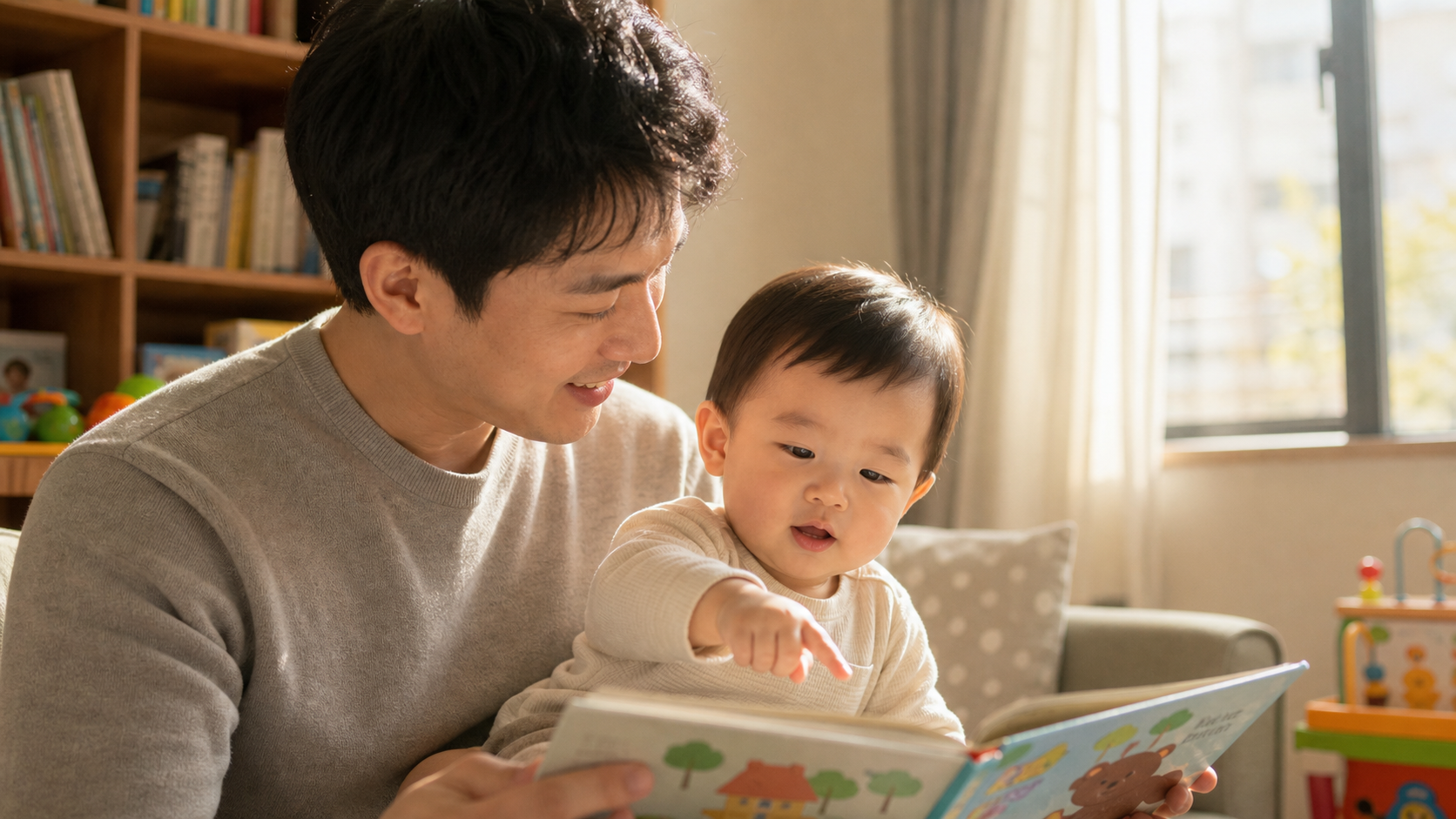 A Chinese father reading a picture book with his 1