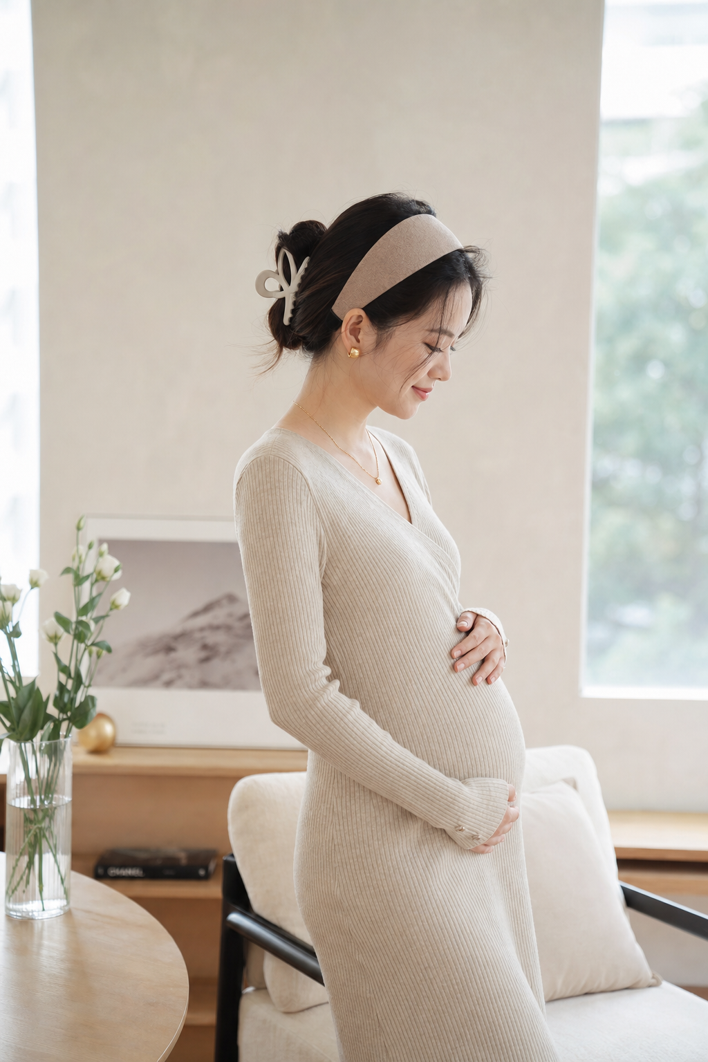 A stylish young Chinese pregnant woman wearing a c