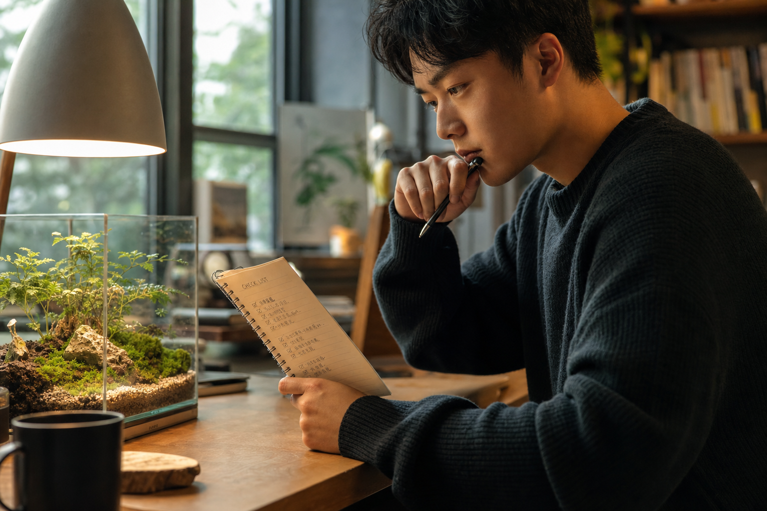 A young Chinese man sitting at a cozy desk, holdin