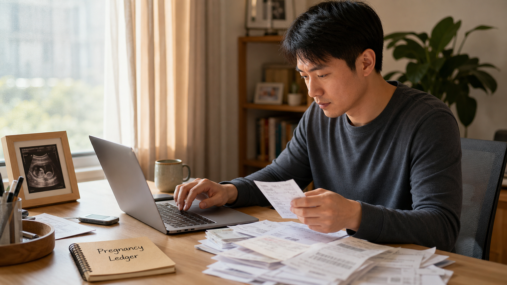 A caring Chinese husband sitting at a clean desk,