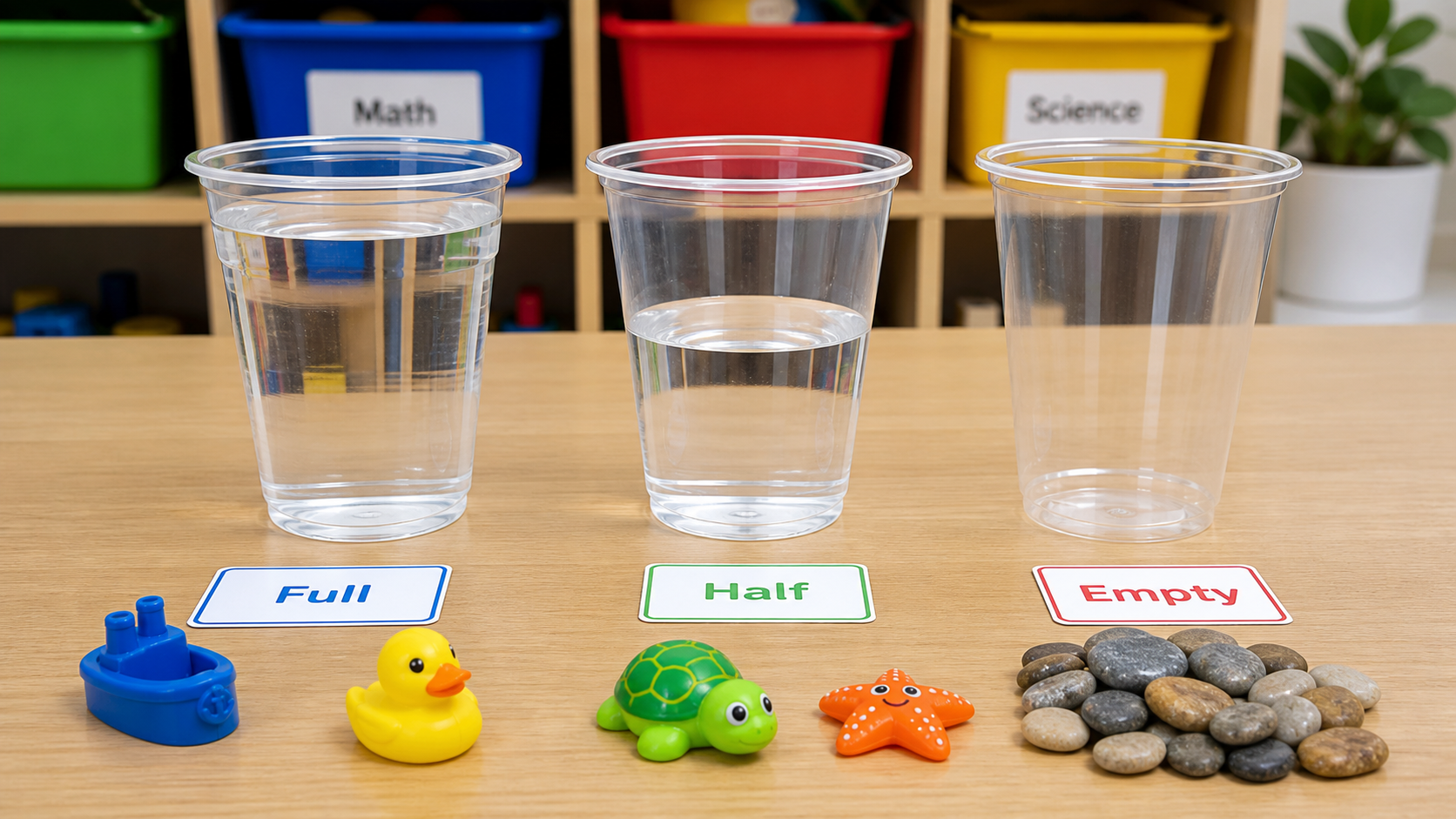 Three clear plastic cups on a table, one full of w