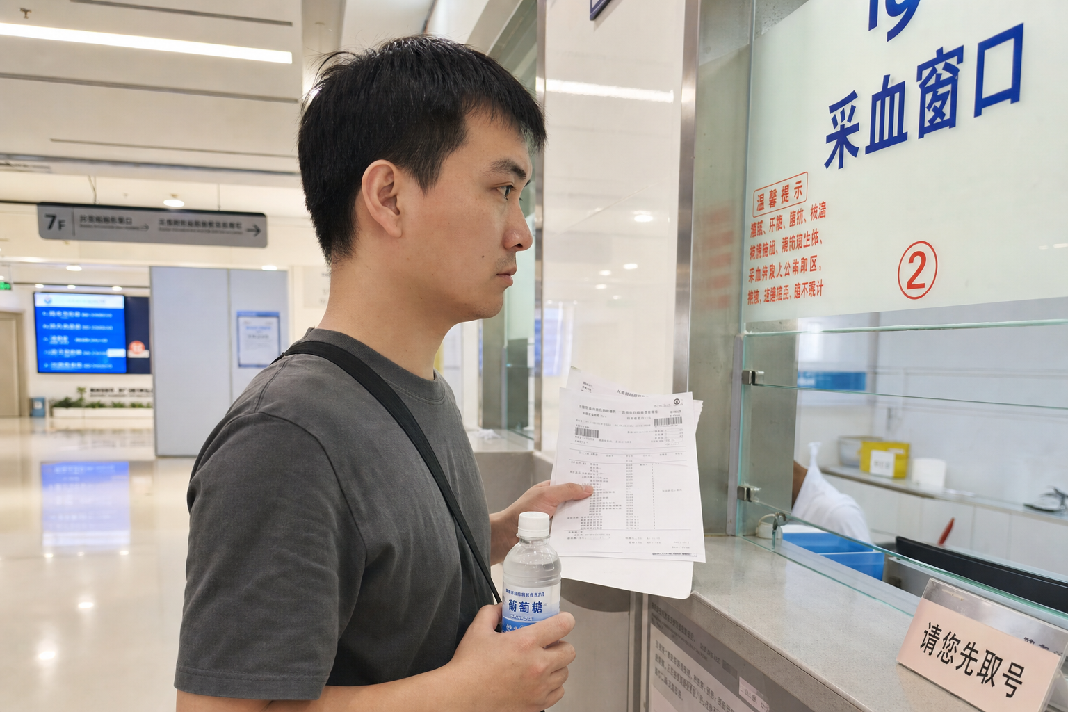 一位体贴的中国新手爸爸在医院抽血窗口前排队，手里拿着几张化验单和一小瓶葡萄糖水，神情专注，背景是整洁