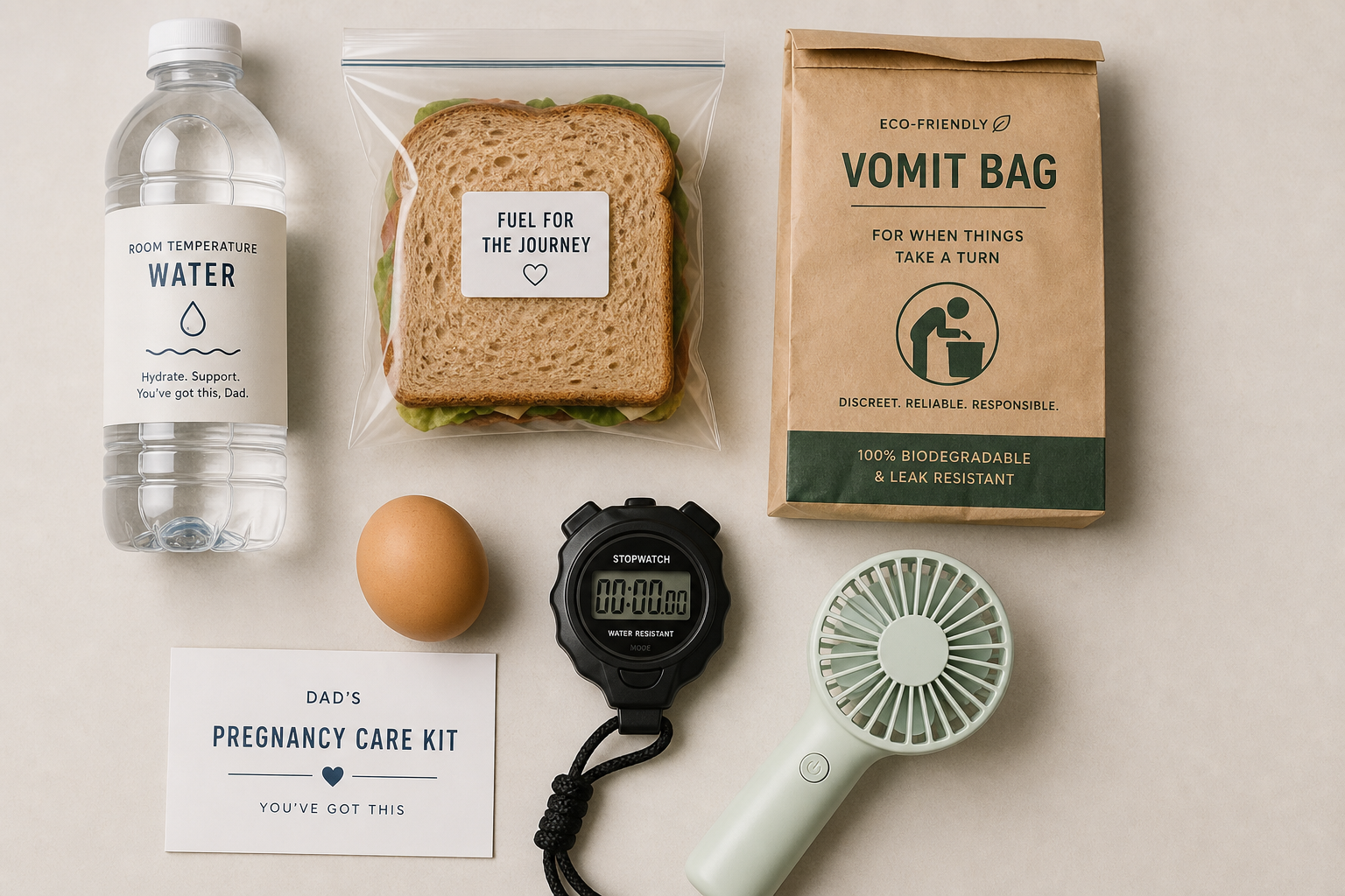 A flat lay top-down view of a dad's care kit for p