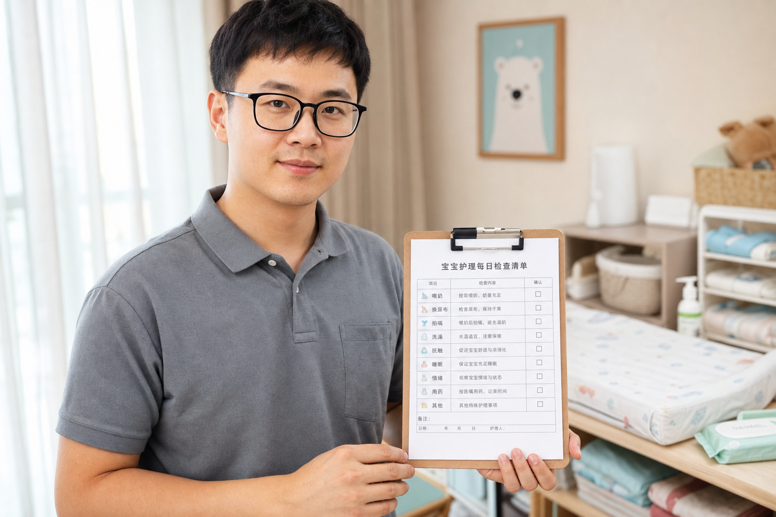 A close up shot of a young Chinese dad holding a b