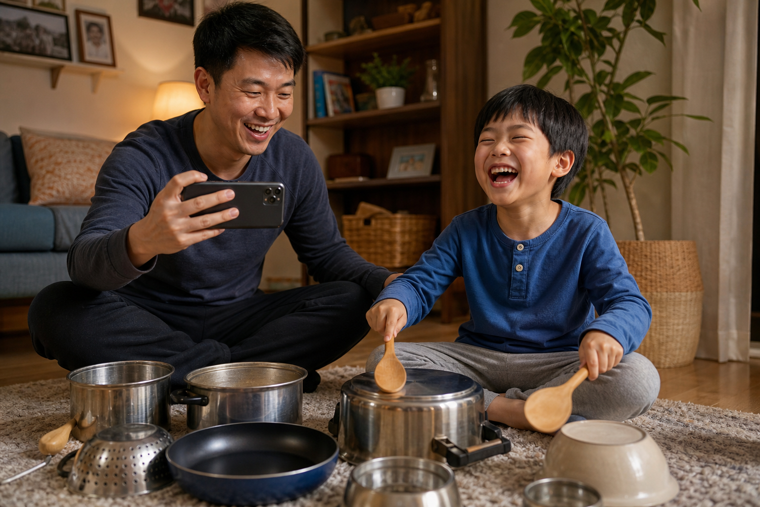 A Chinese father and child sitting on a living roo