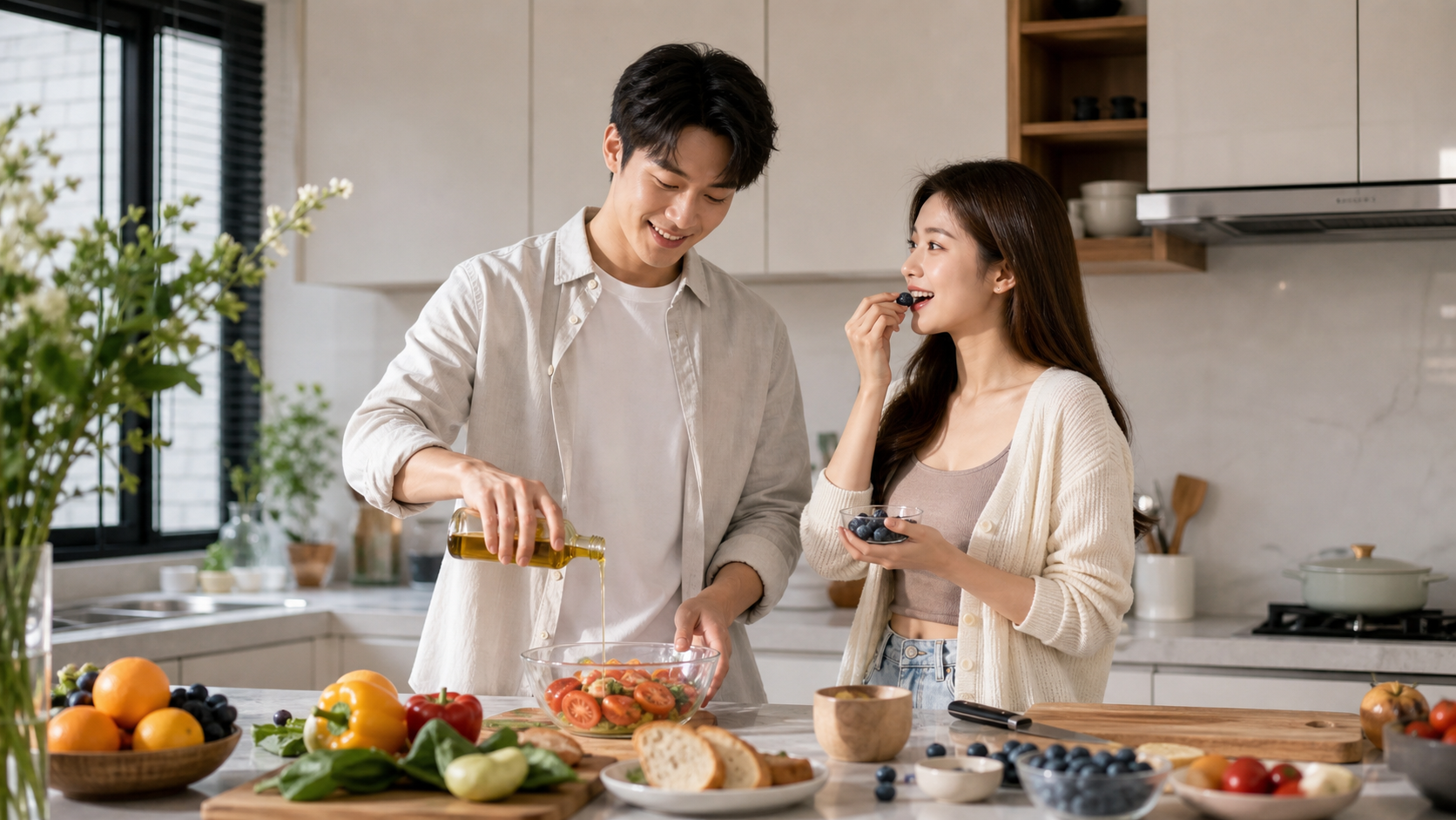 A young attractive Chinese couple preparing food t