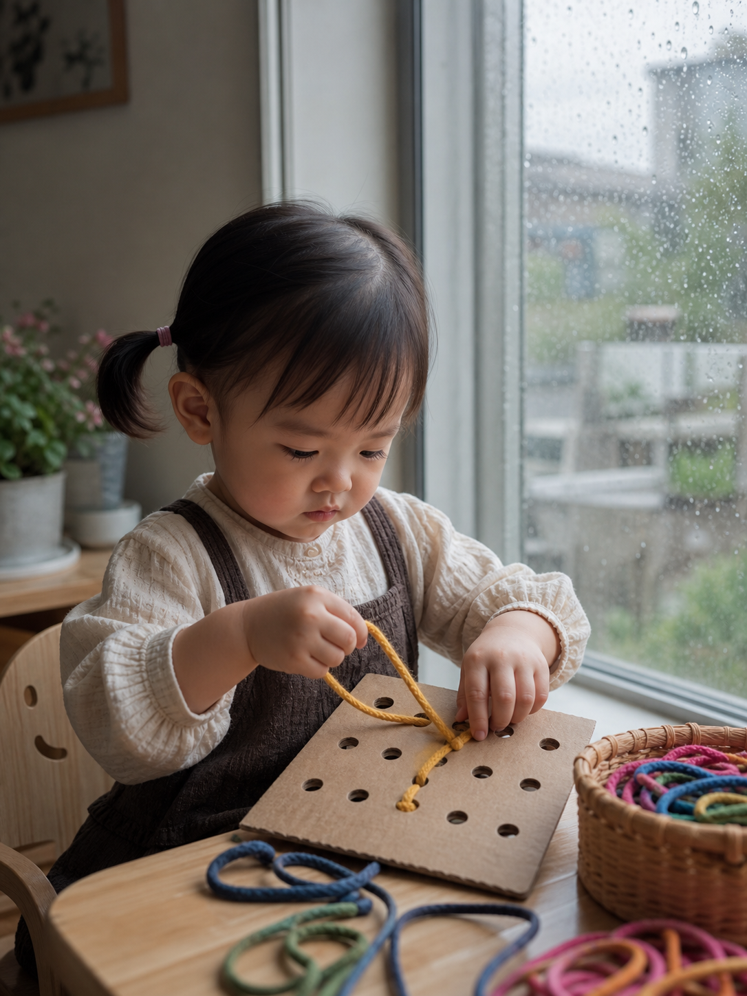 A cute 2-year-old Chinese toddler sitting at a sma