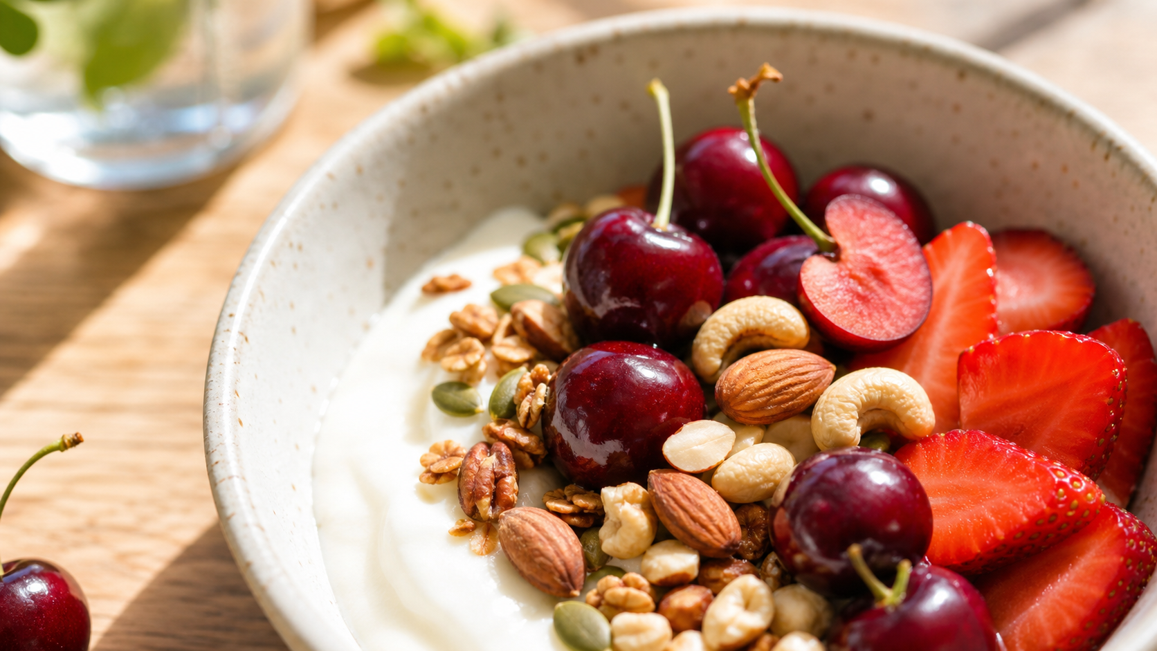 Close up shot of a healthy yogurt bowl with fresh