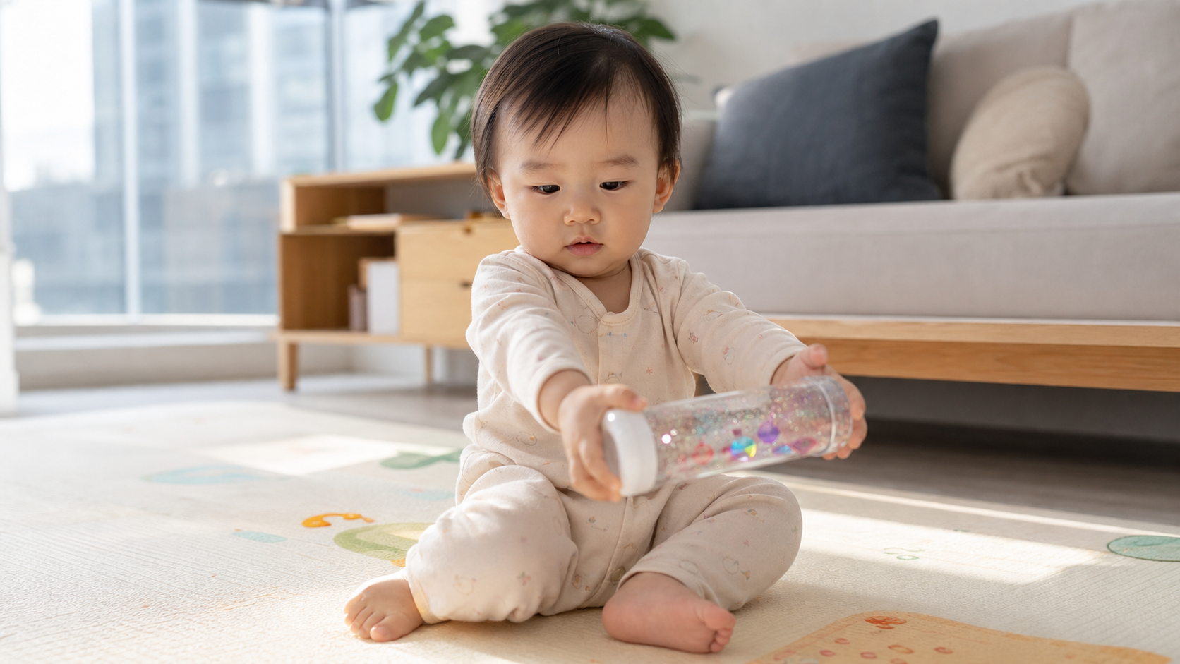 A 1-year-old Chinese baby holding a transparent se