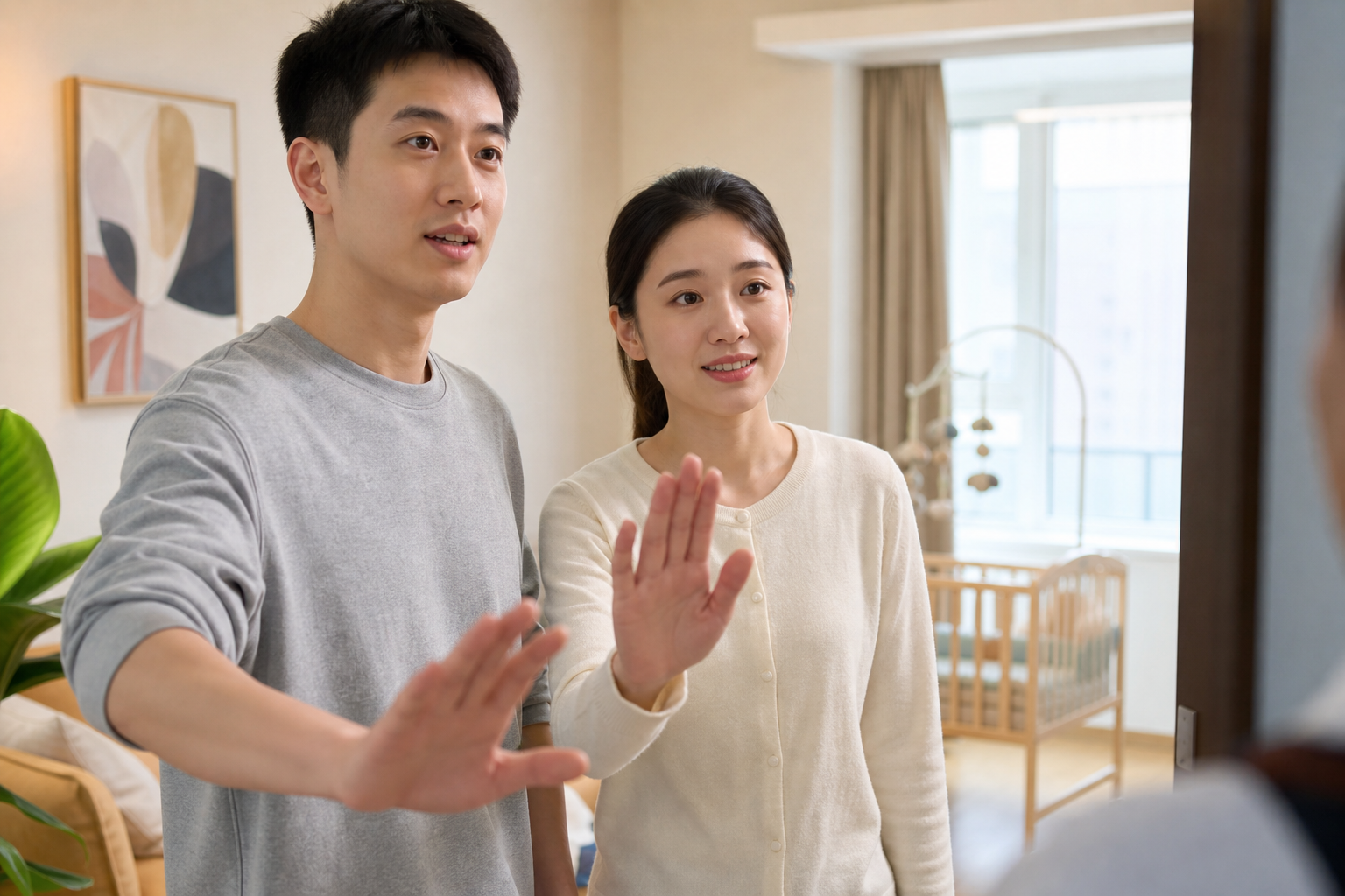 A young Chinese couple standing politely but firml