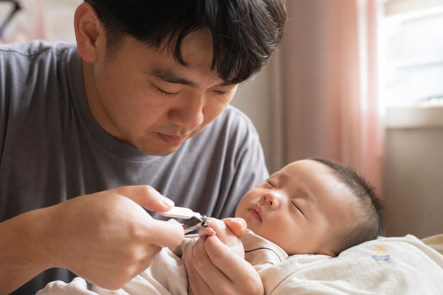 A close-up shot, a young Chinese father carefully 