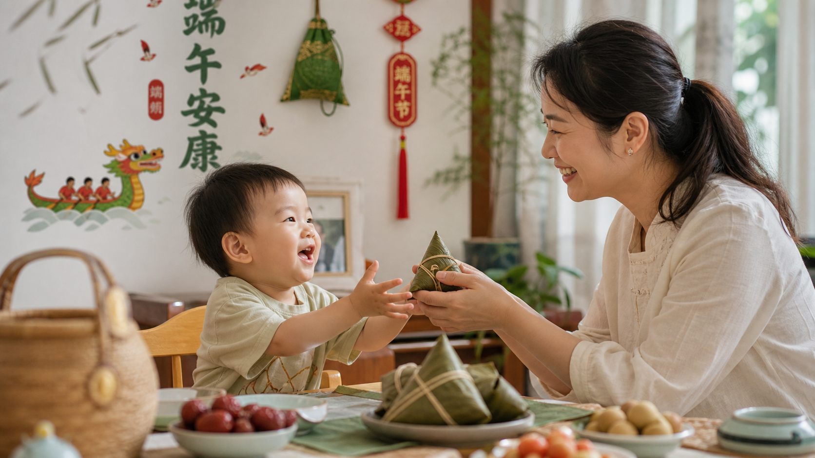 A cute 2-year-old Chinese toddler sitting at a din