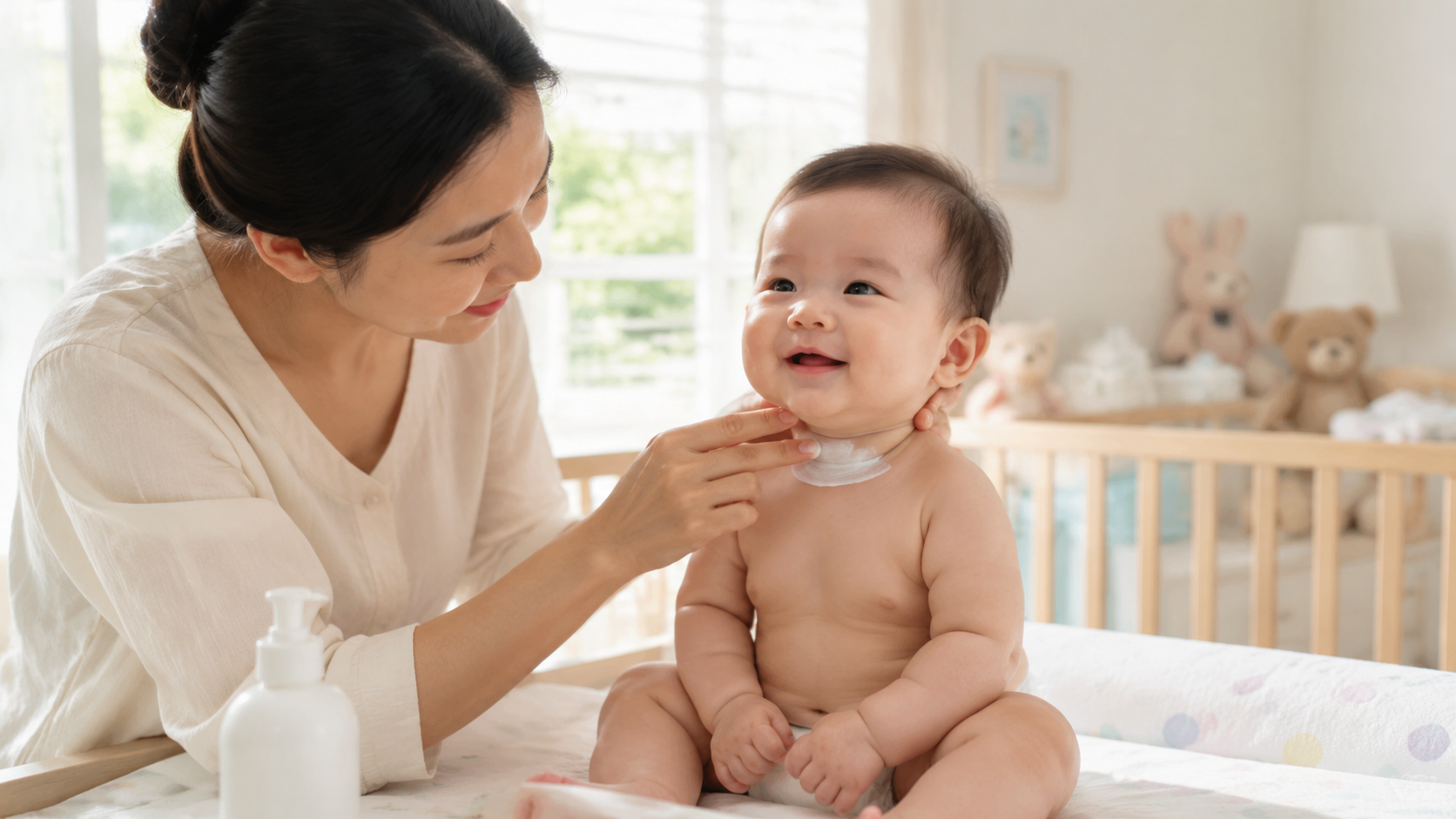 A gentle Chinese mother carefully applying white c