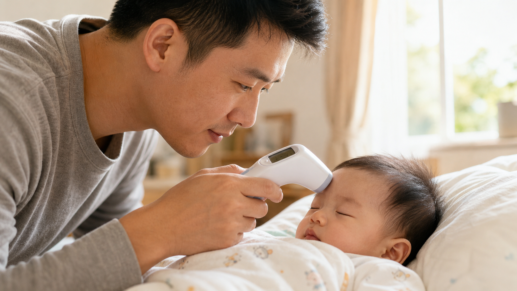 Close up, a caring Chinese father checking the tem