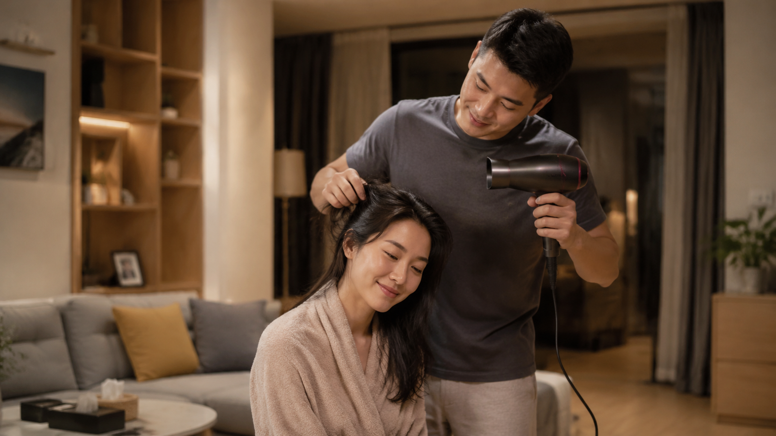 A heartwarming indoor scene of a young Chinese cou