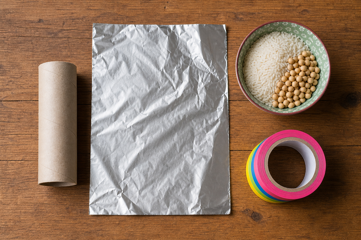 A top-down view of ** materials on a wooden table