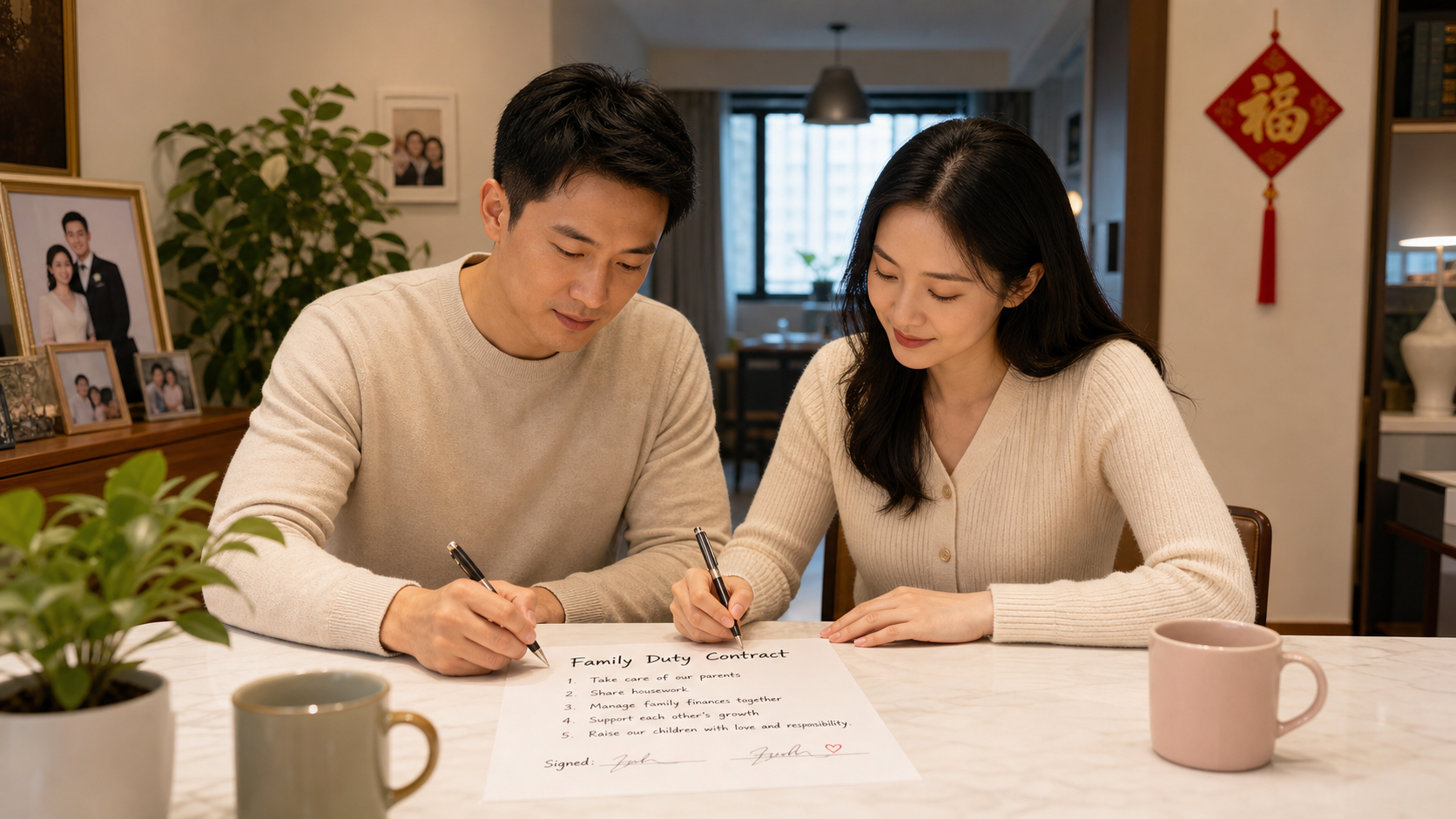 A modern Chinese couple sitting at a bright dining