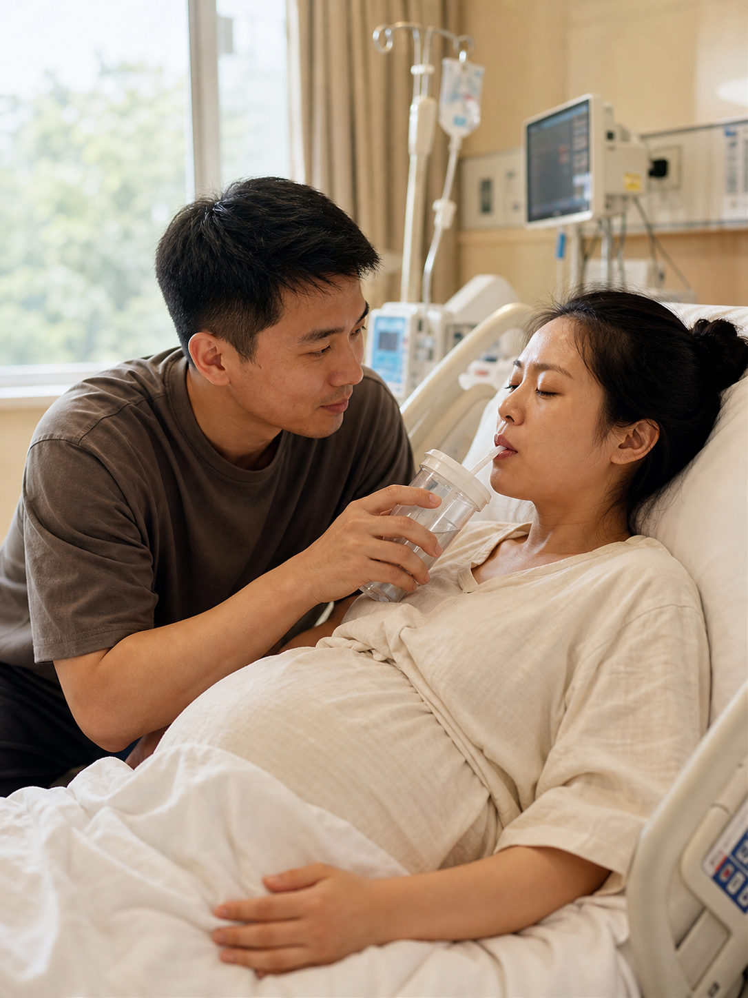 A warm and touching medium shot of a caring Chines