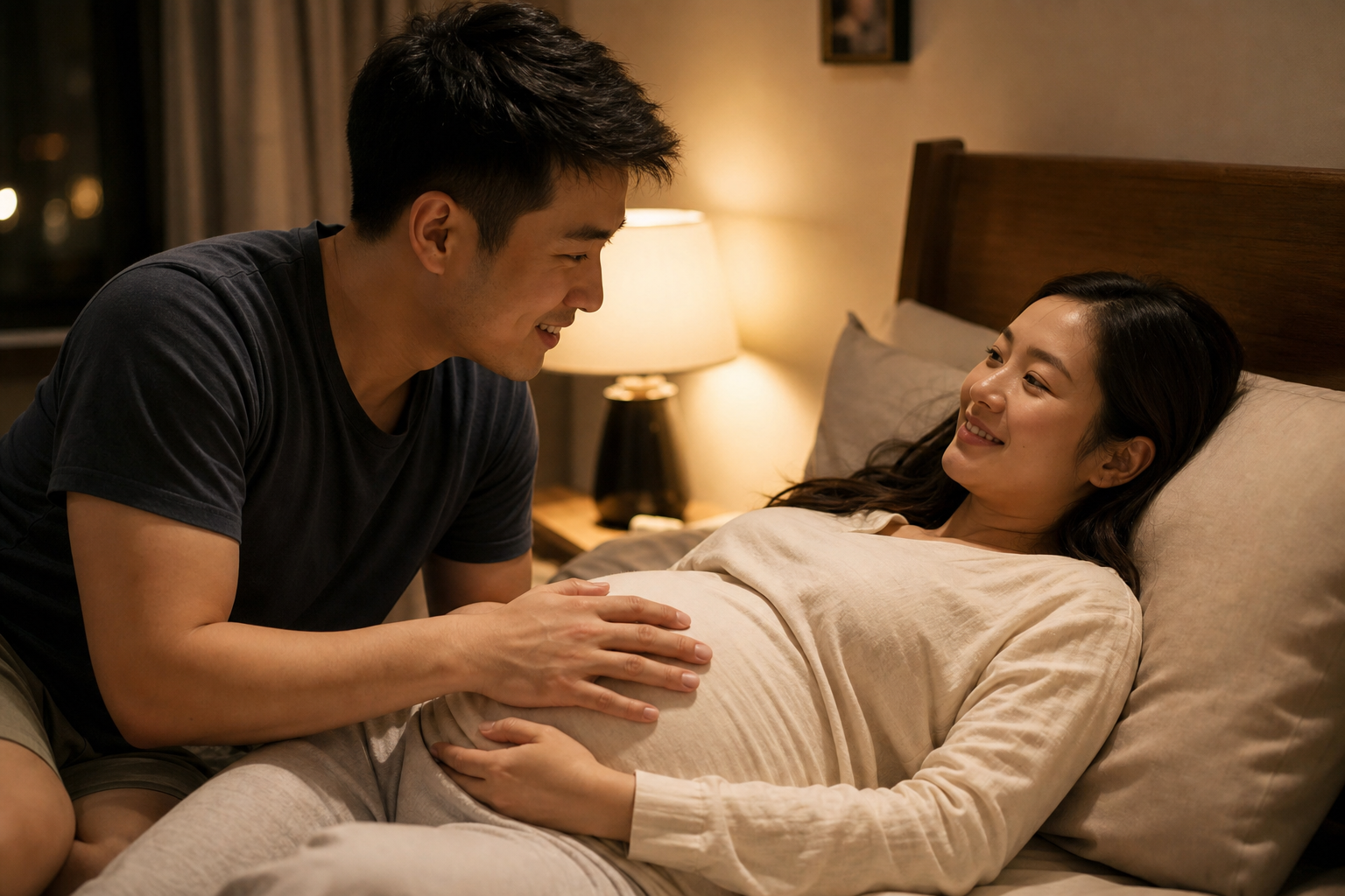A cozy evening scene, a Chinese husband gently tou
