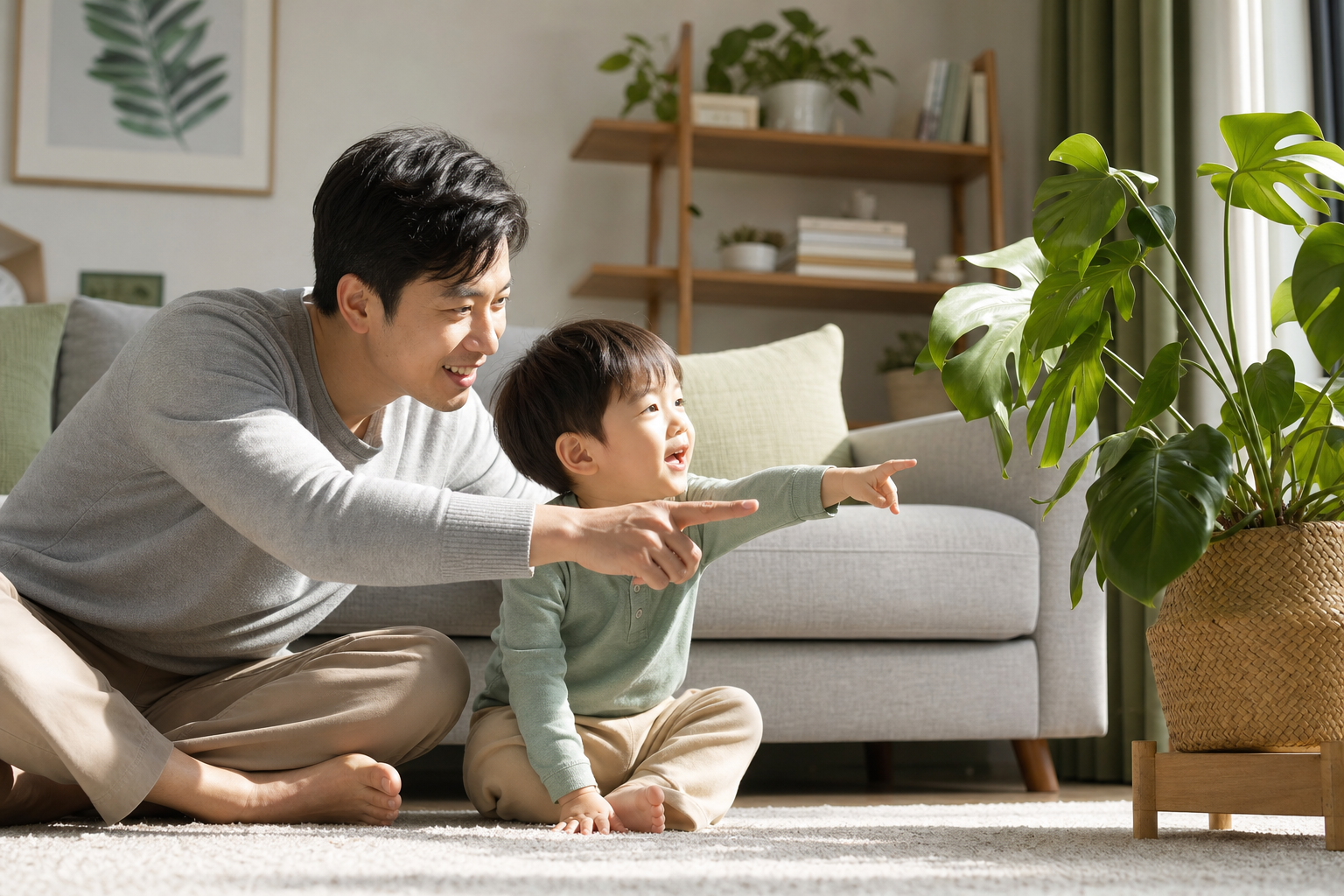 A Chinese father and a 3-year-old child sitting on